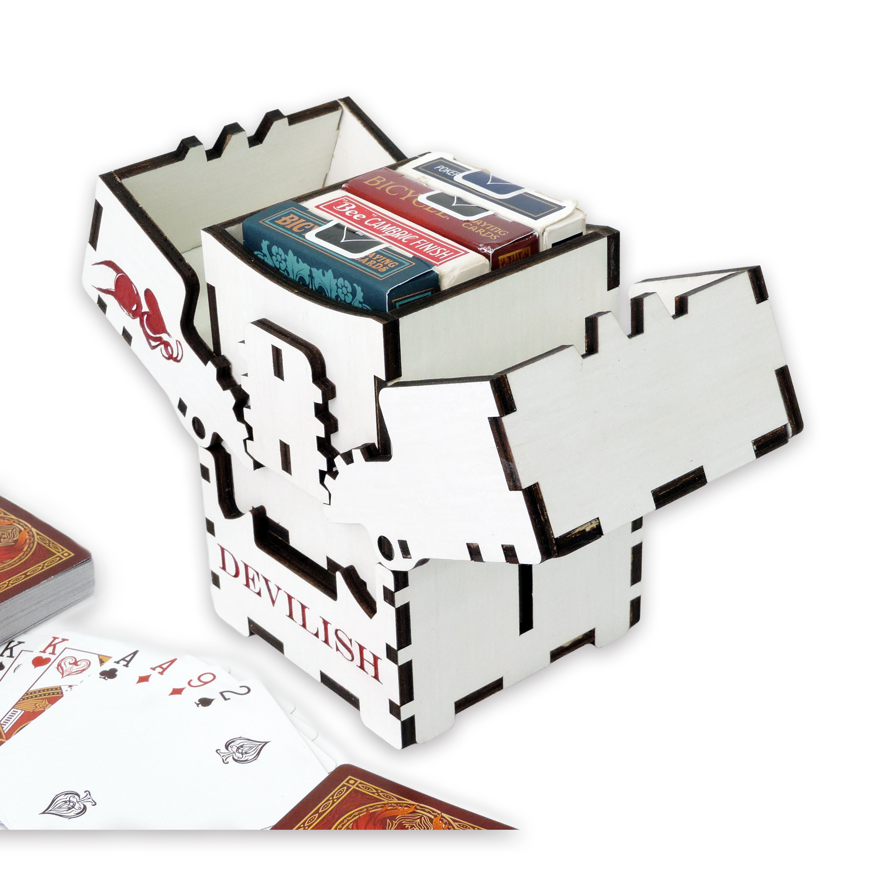 Laser-cut devilish box, white-painted birch plywood