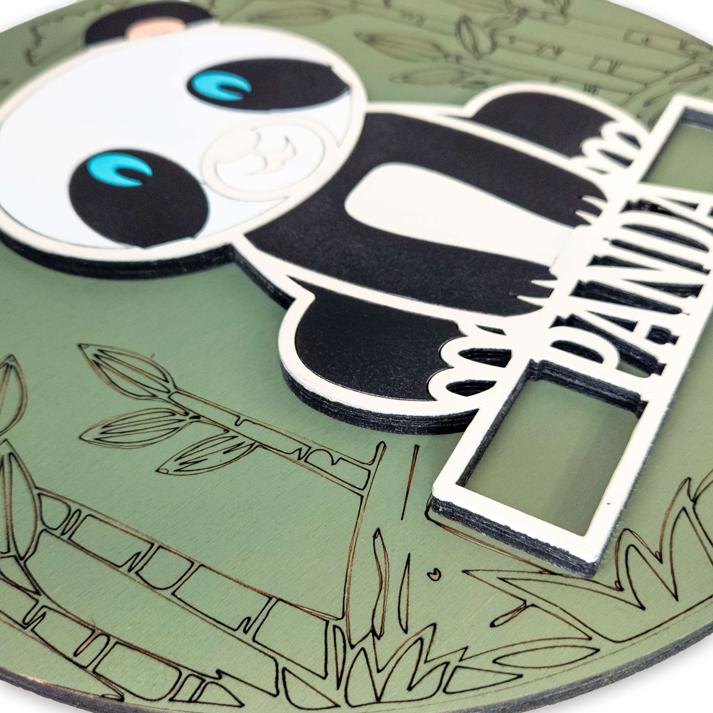 Multilayer 3D laser-cut panda name sign wall art, Baltic Birch Plywood
