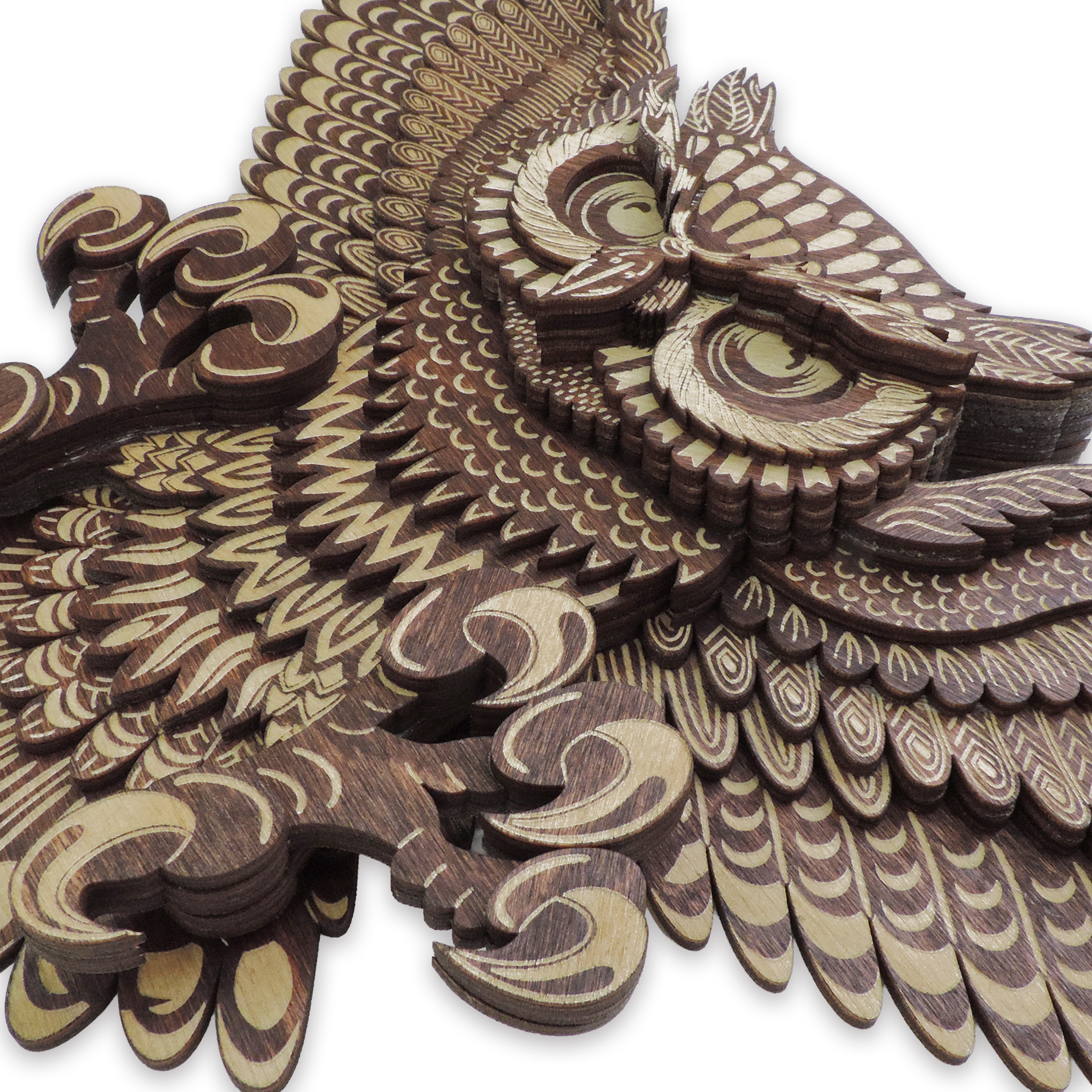 Multilayer 3D laser-cut flying owl wall art, Baltic Birch Plywood
