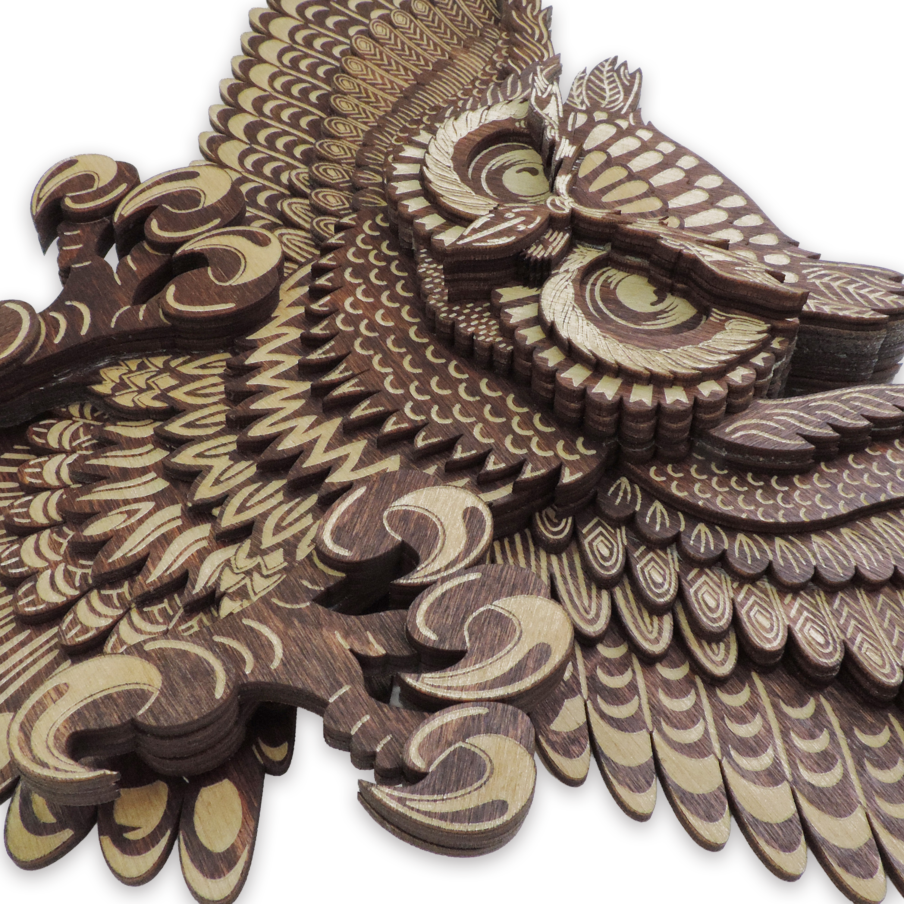 Multilayer 3D laser-cut flying owl wall art, Baltic Birch Plywood