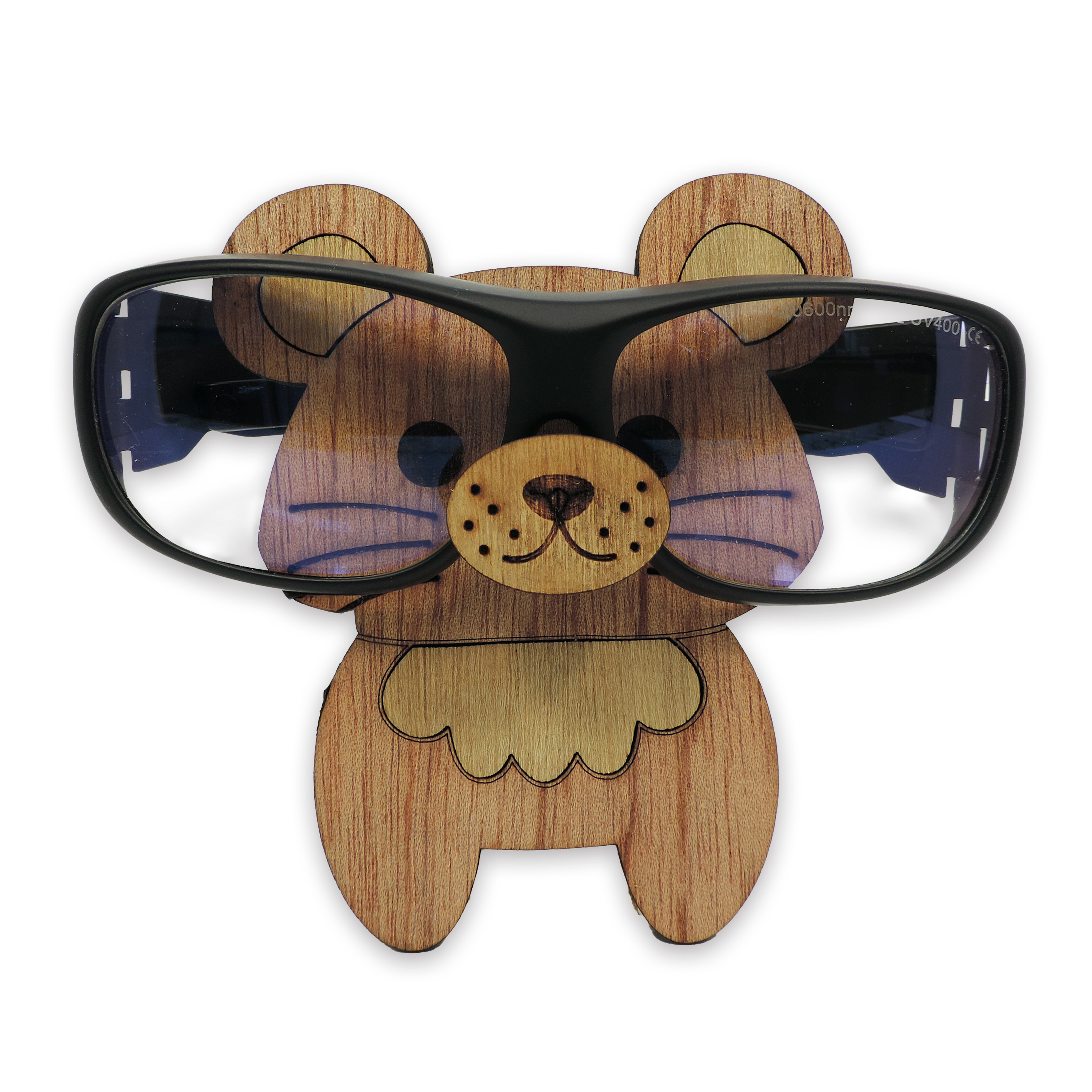 Laser-cut mouse glasses holder, 5 mm plywood — cherry, blank (3.5 × 5 in)