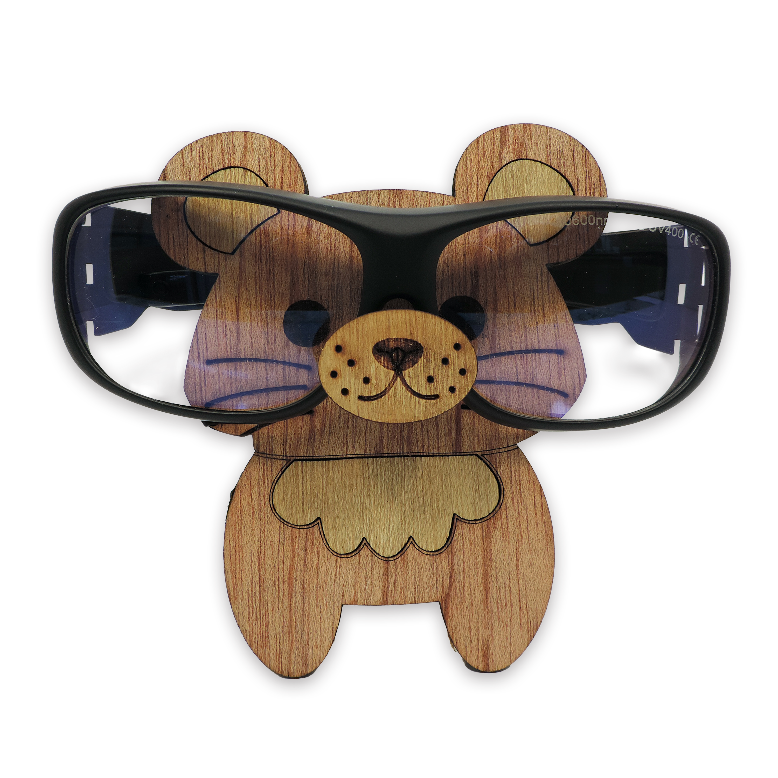 Laser-cut mouse glasses holder, 5 mm plywood — cherry, blank (3.5 × 5 in)