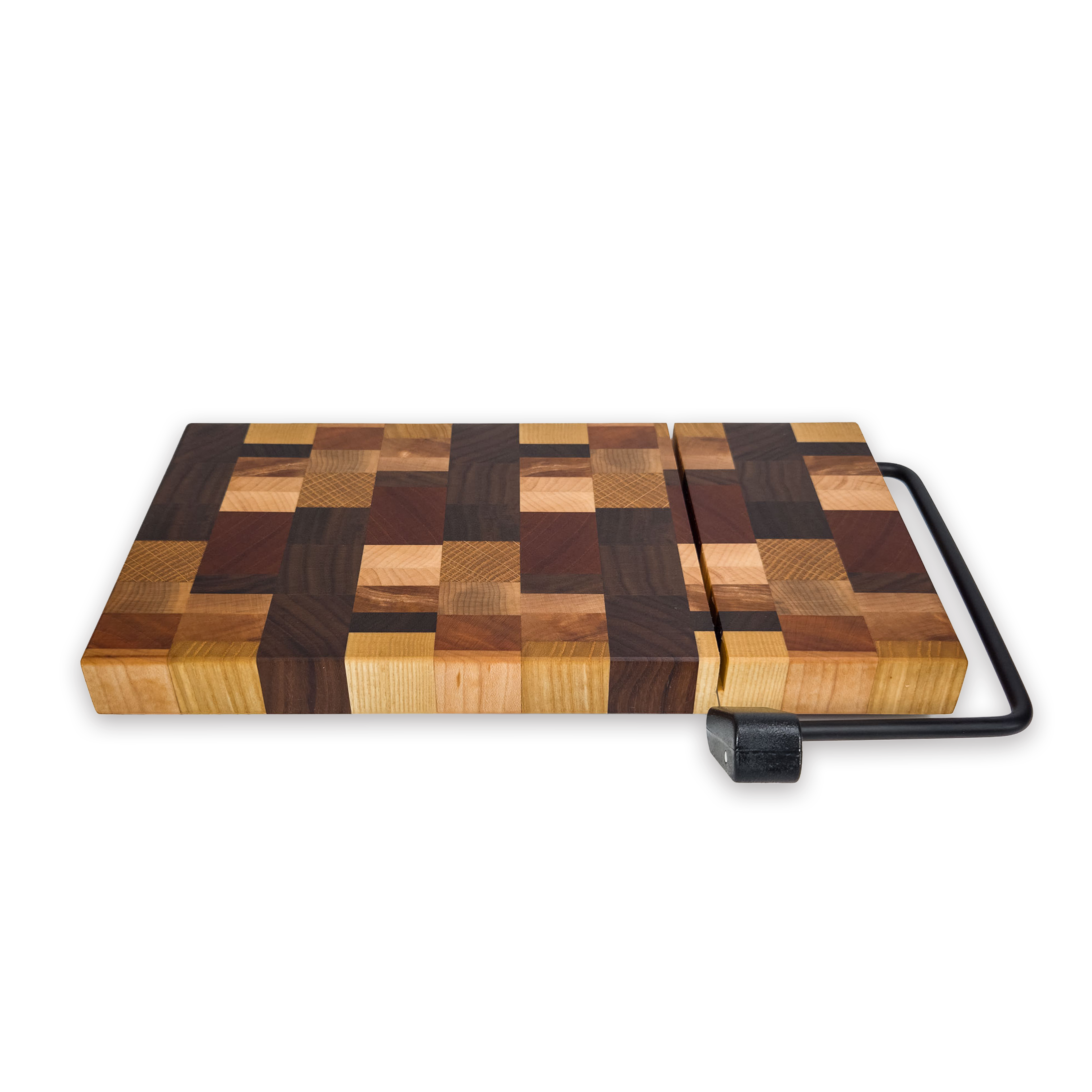 End grain dark mixed hardwood cheese slicer board with wire cutter, oiled hardwood