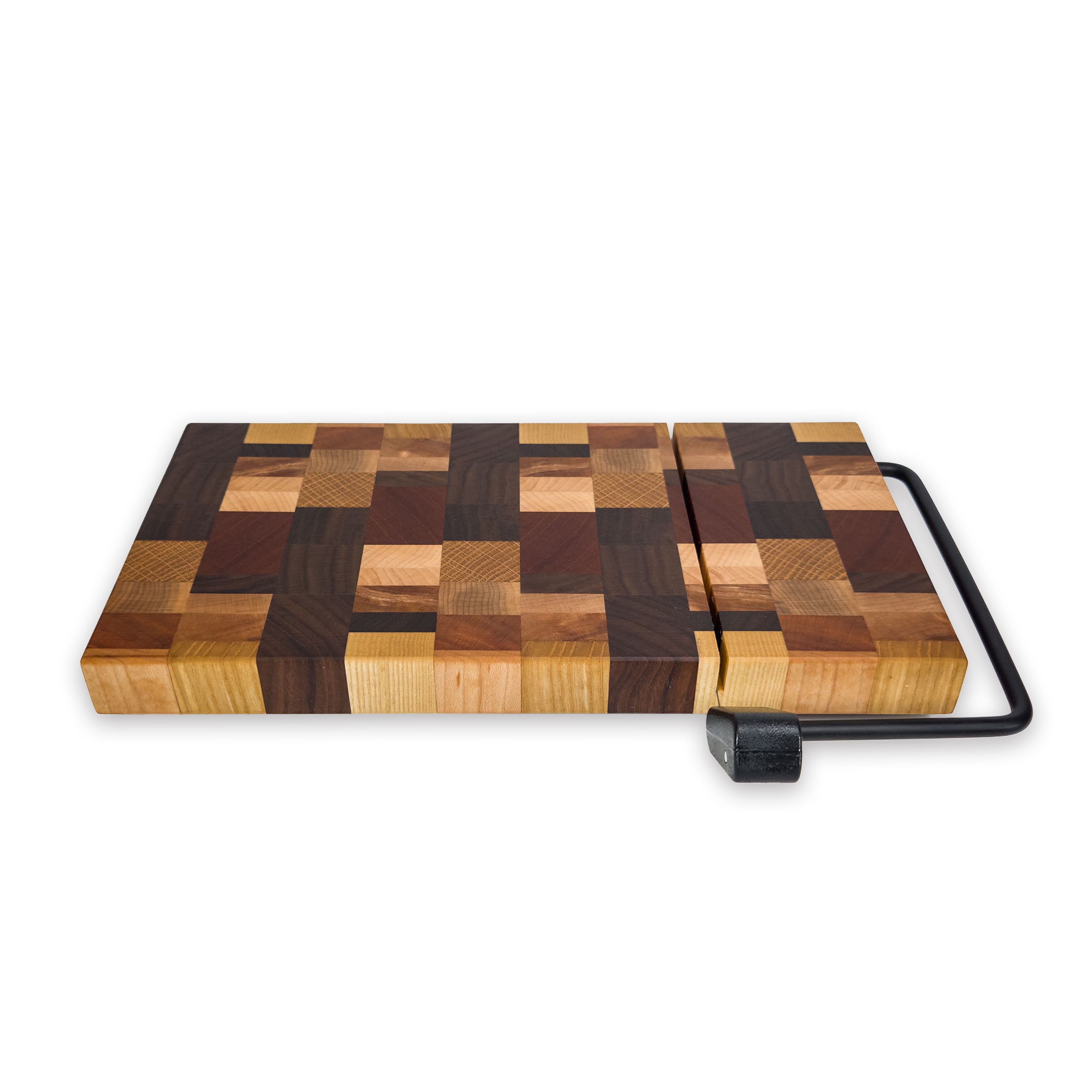 End grain dark mixed hardwood cheese slicer board with wire cutter, oiled hardwood