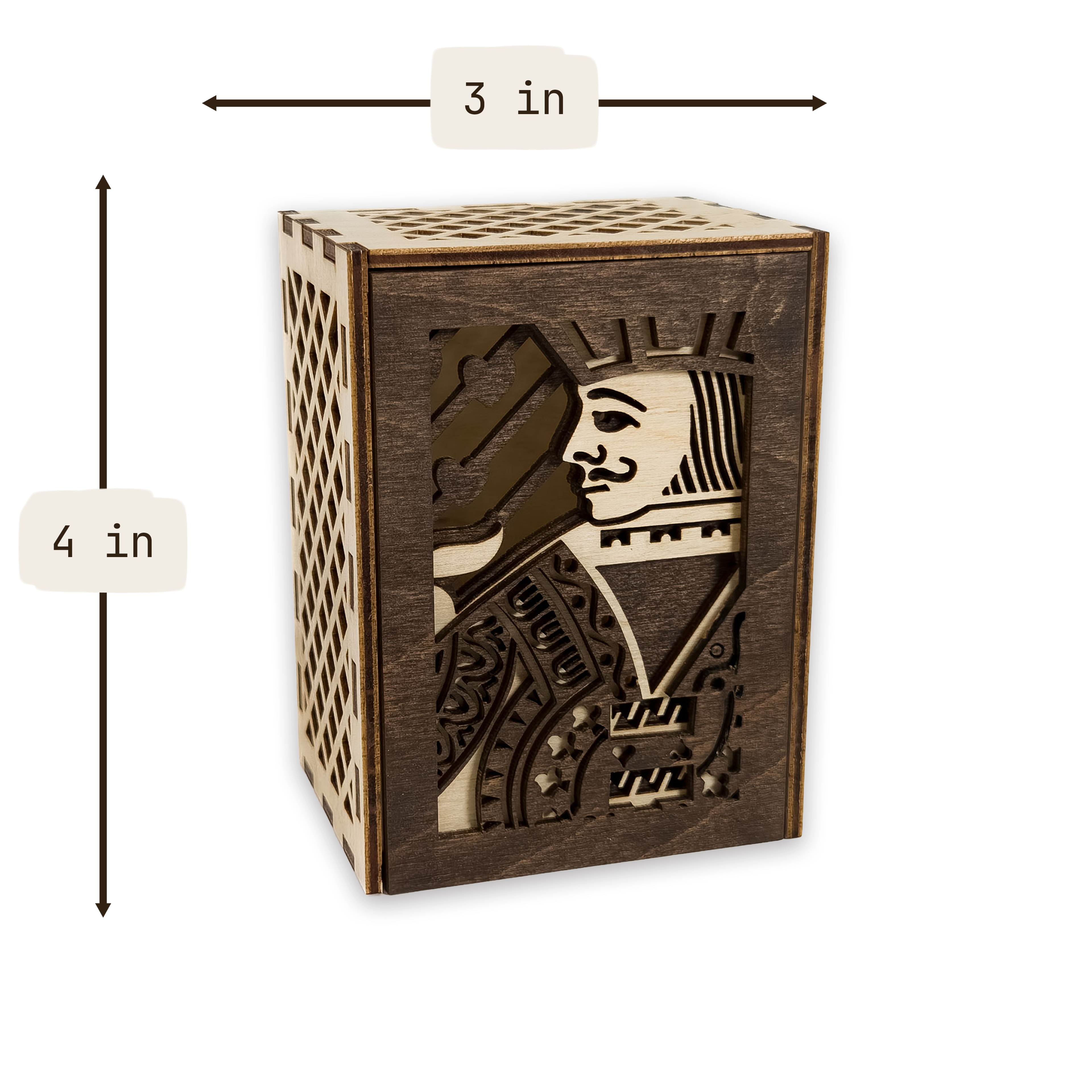 Laser-cut jack of hearts poker card box, walnut & maple birch plywood