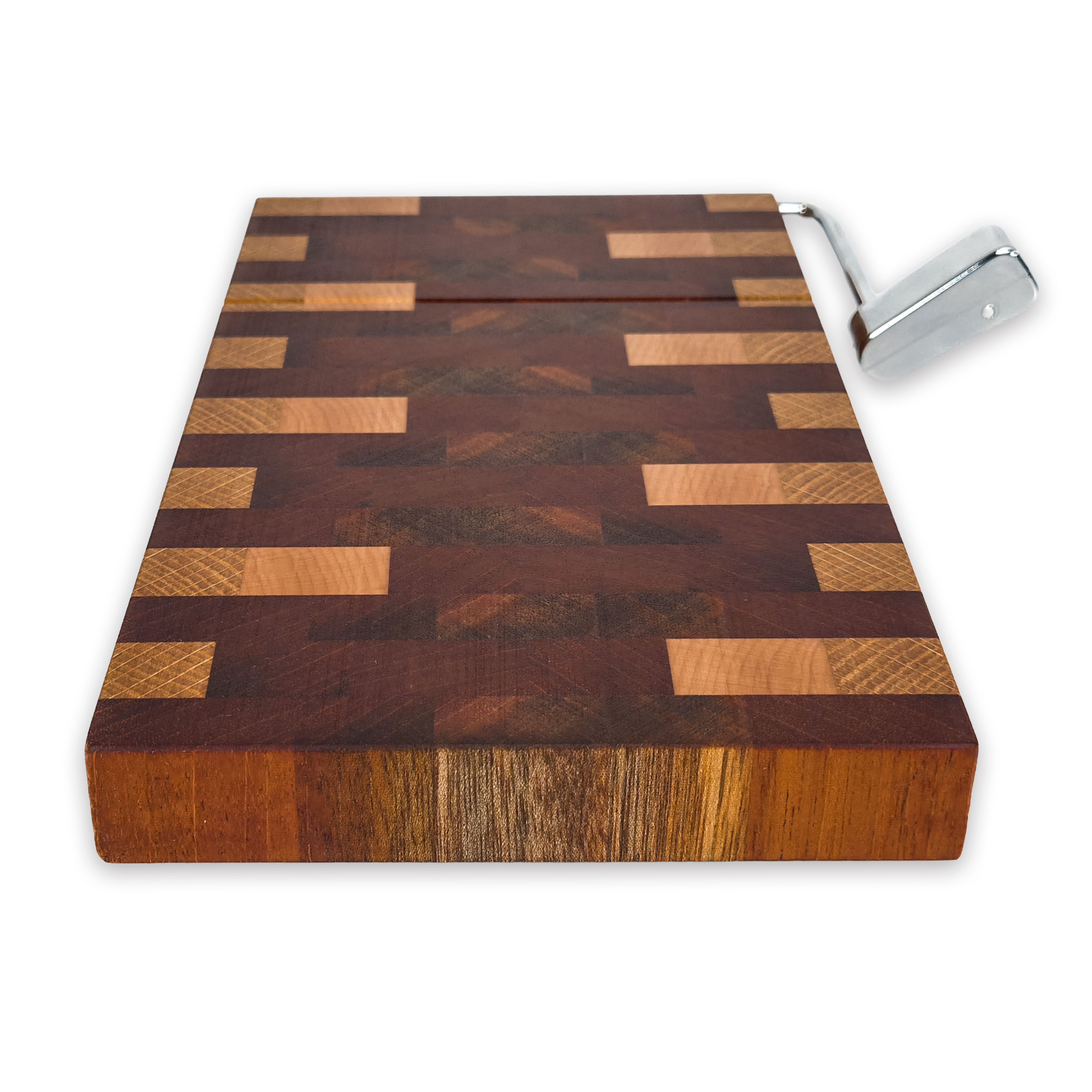 End grain oak, walnut & cherry mosaic cheese slicer board with wire cutter, oiled hardwood