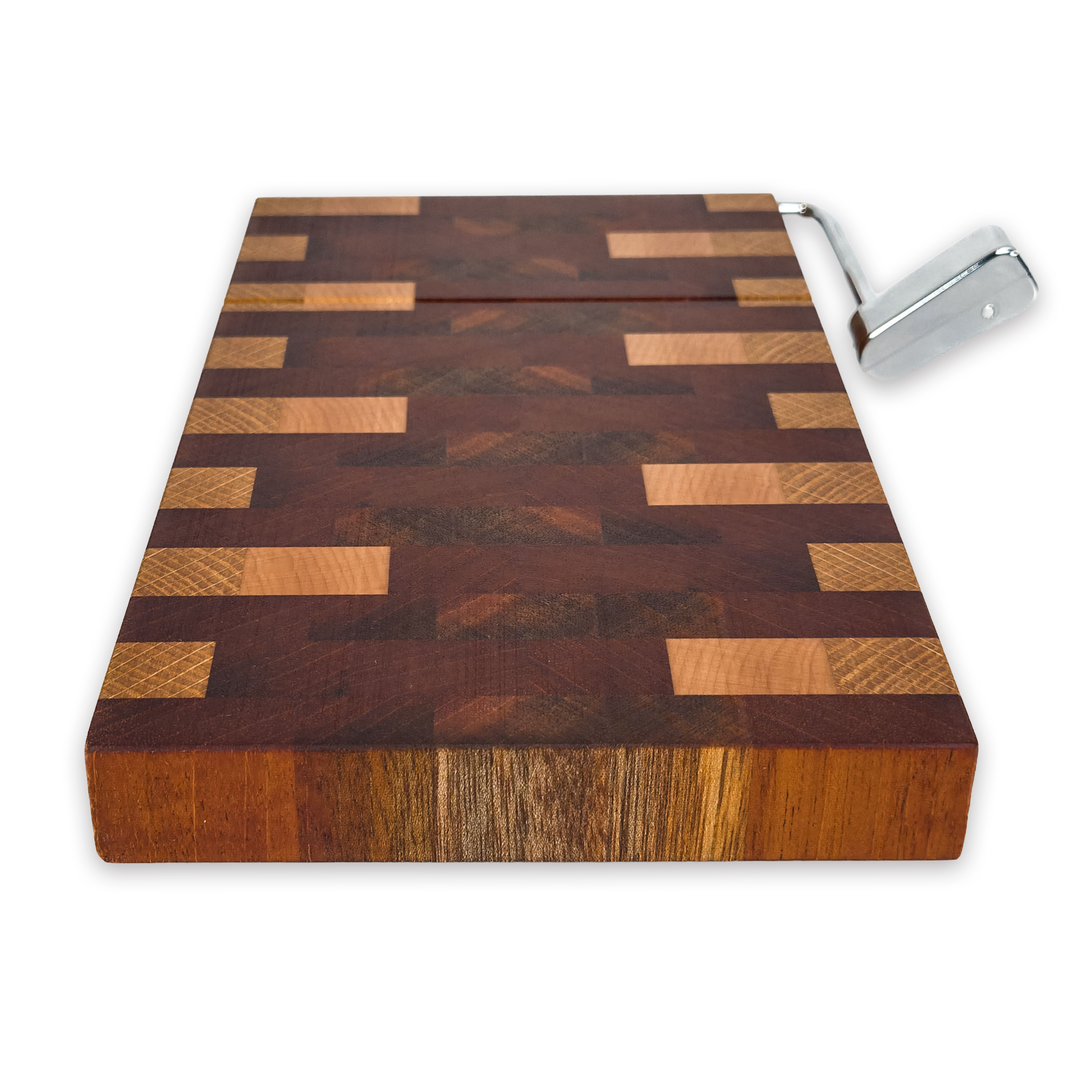 End grain oak, walnut & cherry mosaic cheese slicer board with wire cutter, oiled hardwood