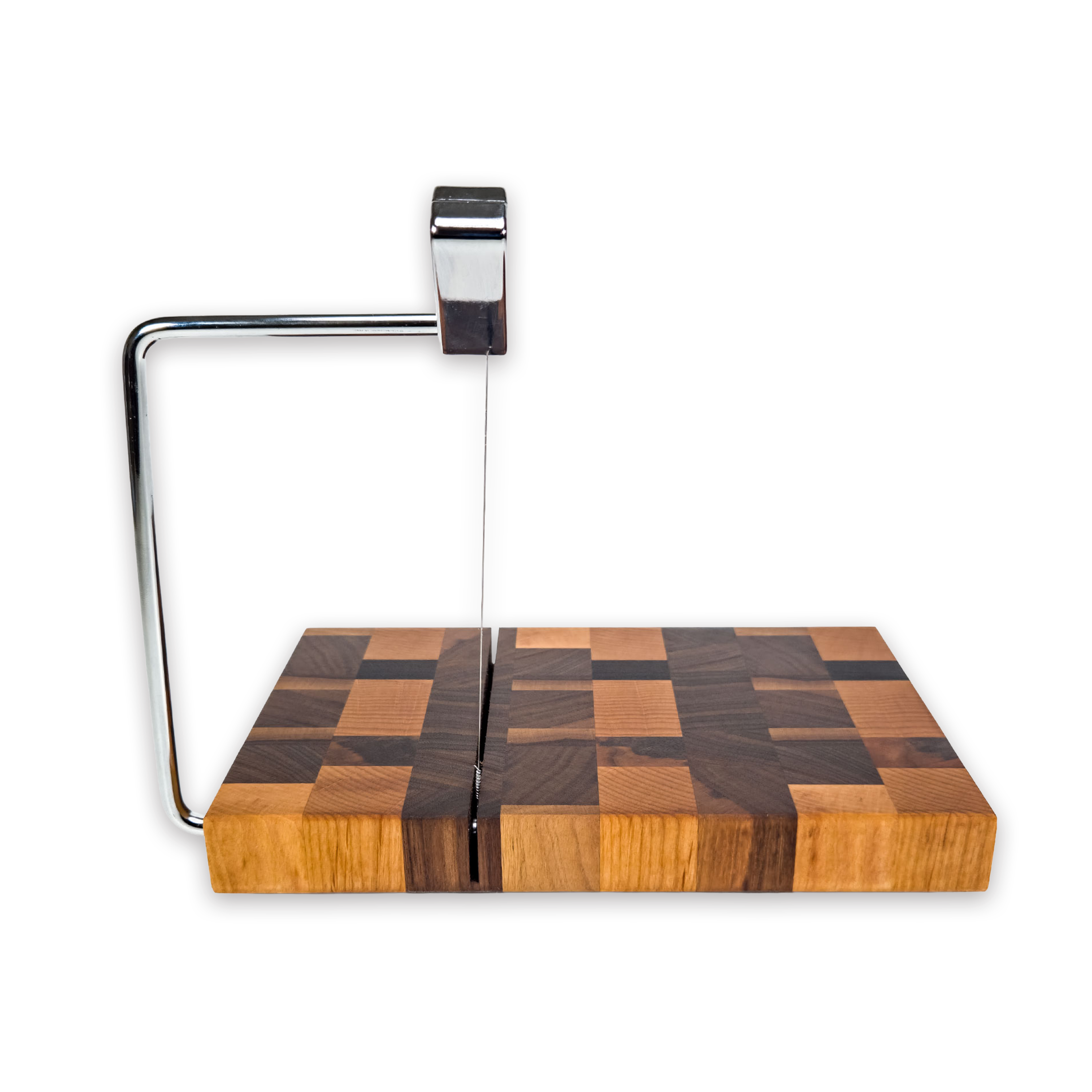 End grain oak, maple & walnut cheese slicer board with wire cutter, oiled hardwood