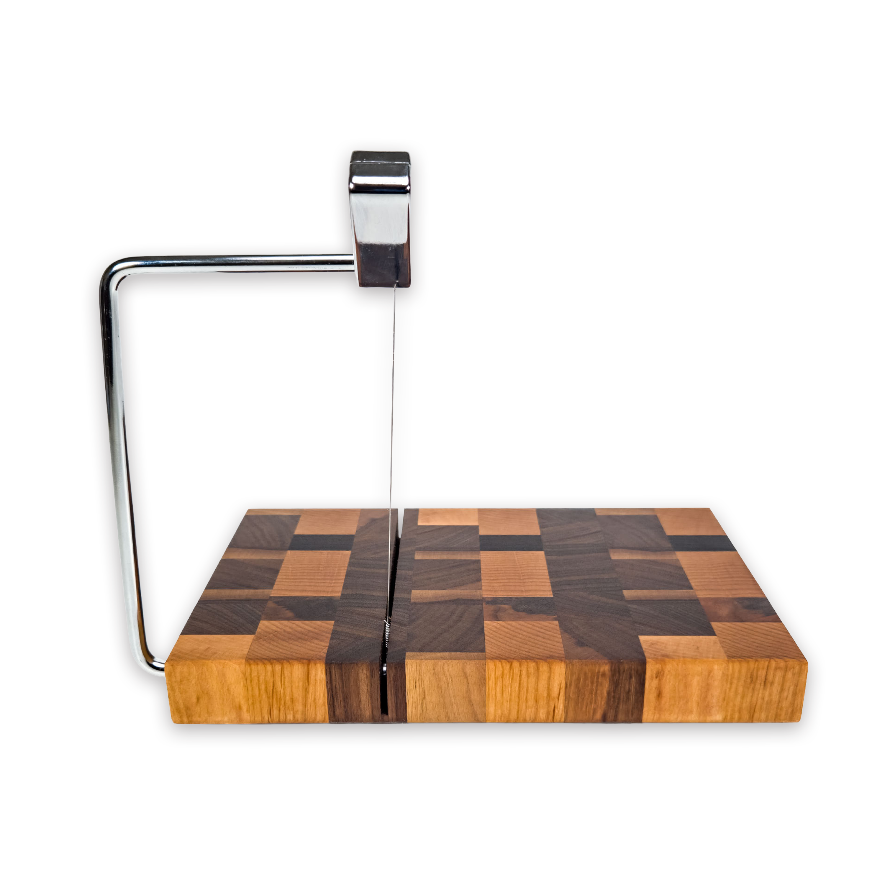 End grain oak, maple & walnut cheese slicer board with wire cutter, oiled hardwood