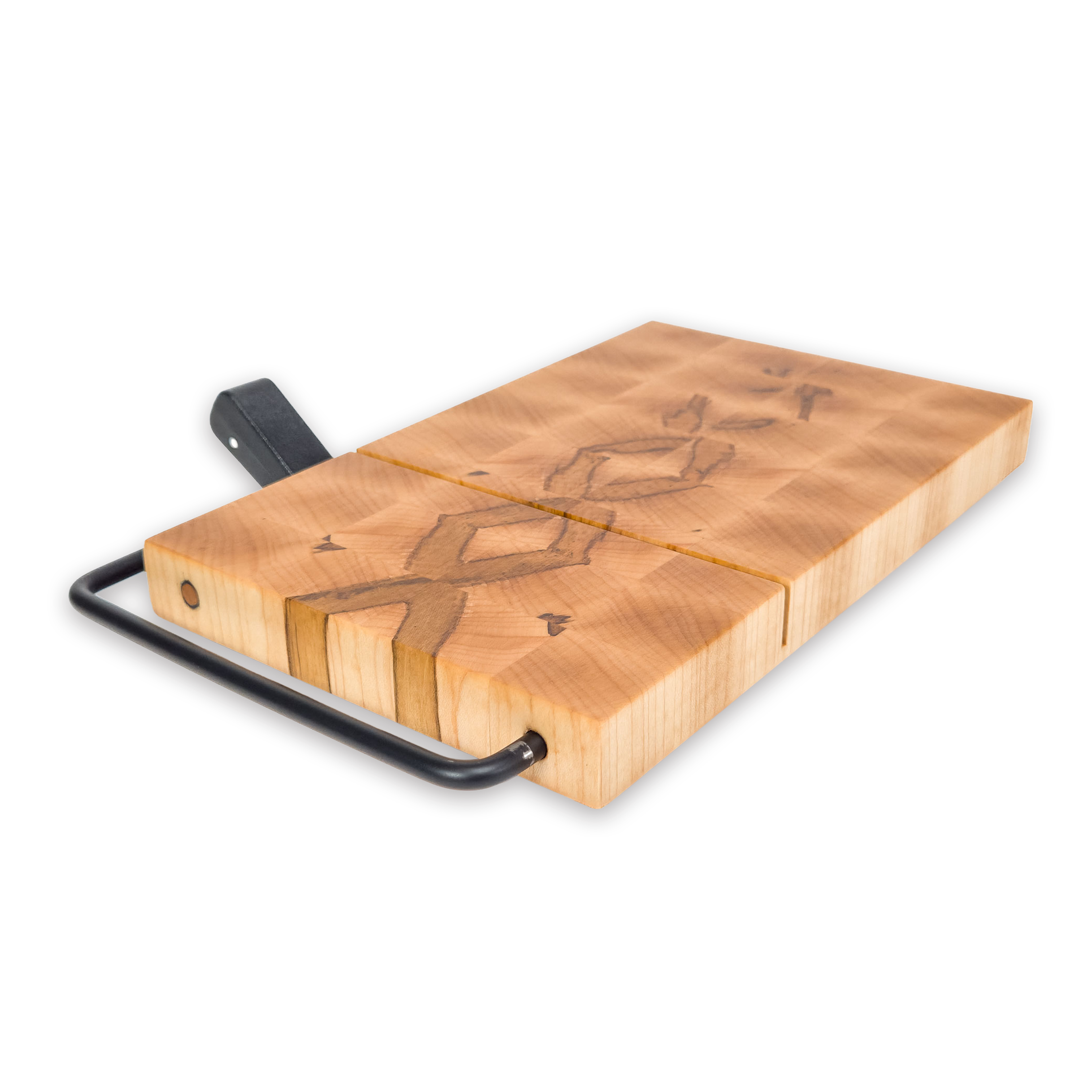 End grain spalted maple cheese slicer board with wire cutter, oiled hardwood