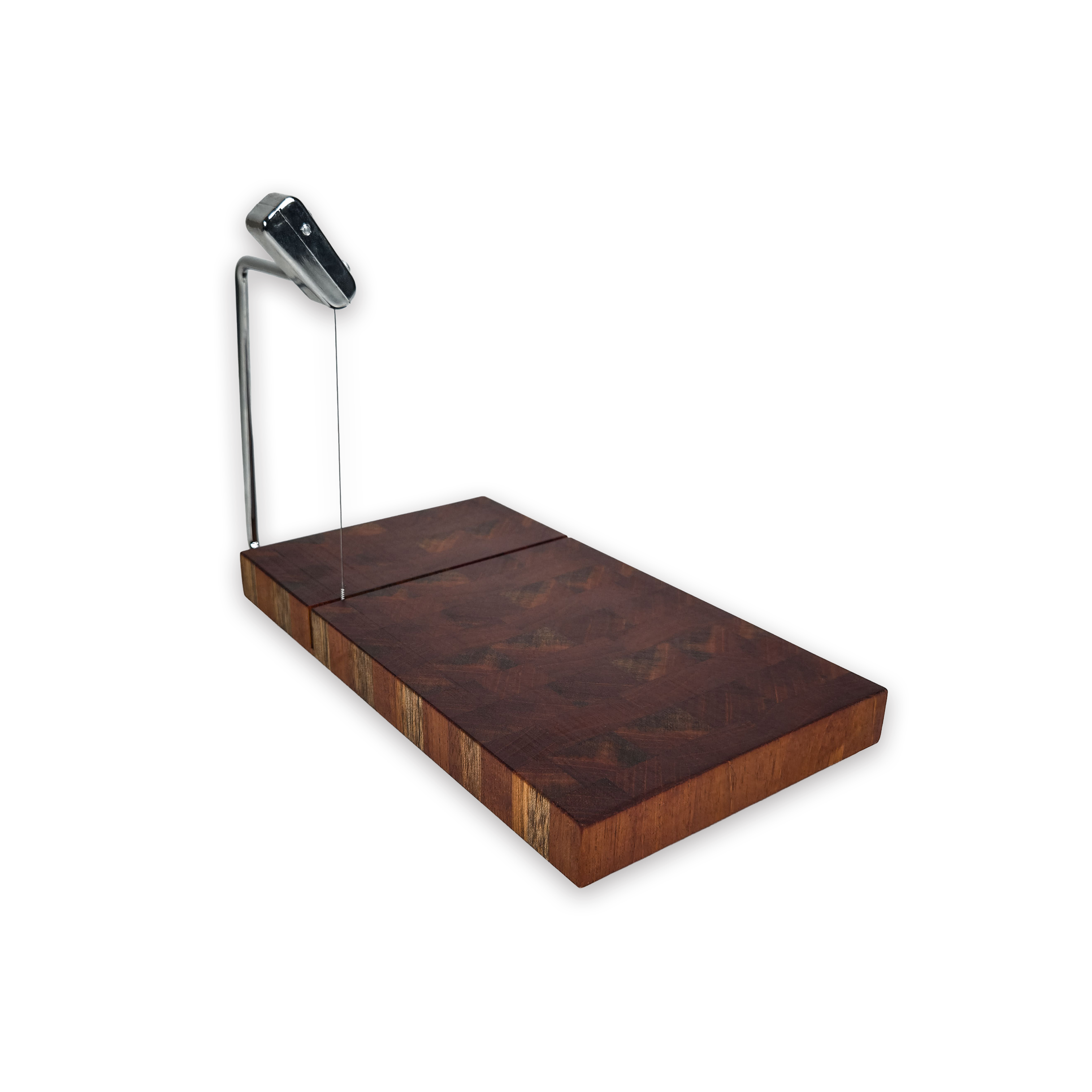 End grain walnut cheese slicer board with wire cutter, oiled hardwood