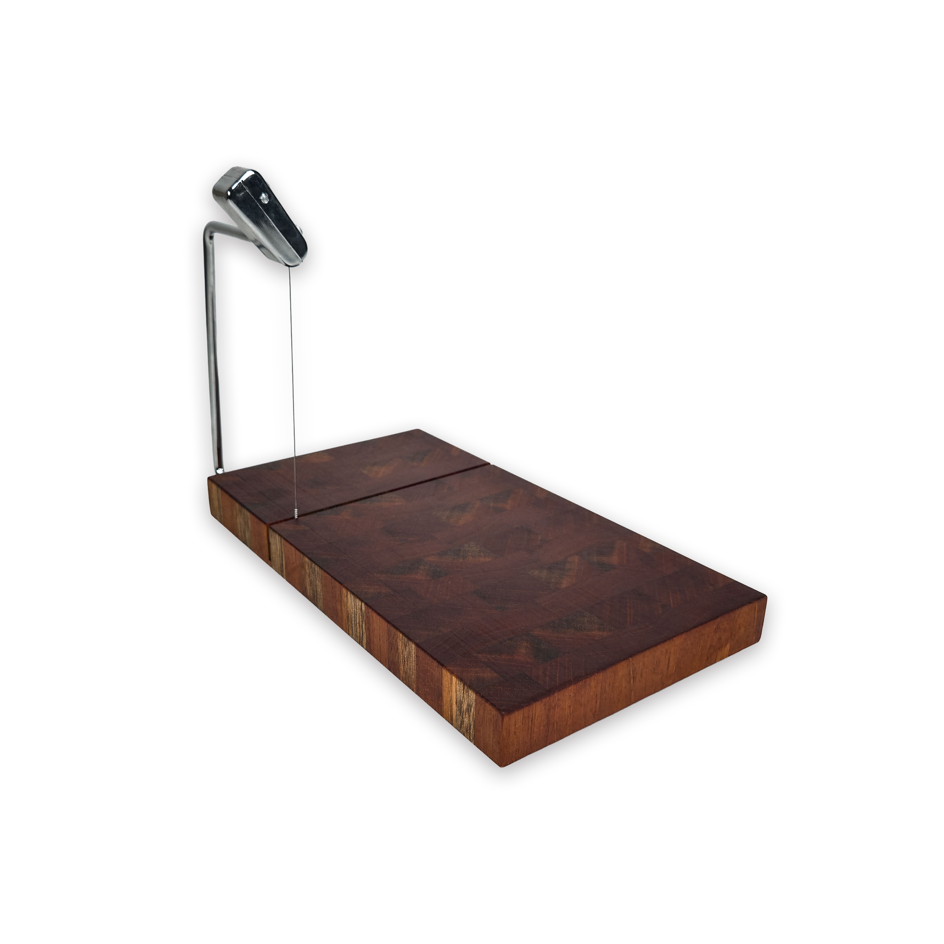 End grain walnut cheese slicer board with wire cutter, oiled hardwood