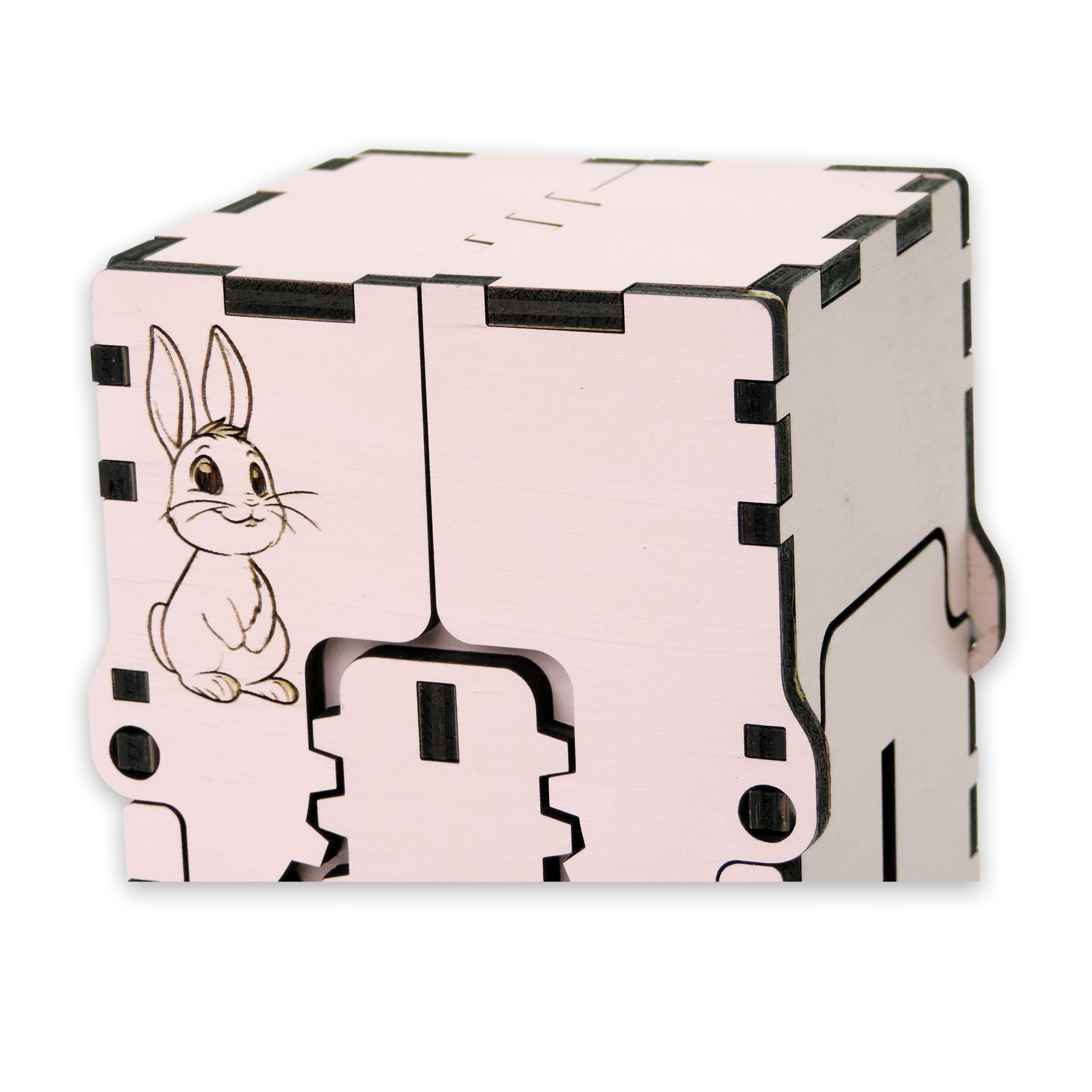Laser-cut white rabbit box, pink-painted birch plywood