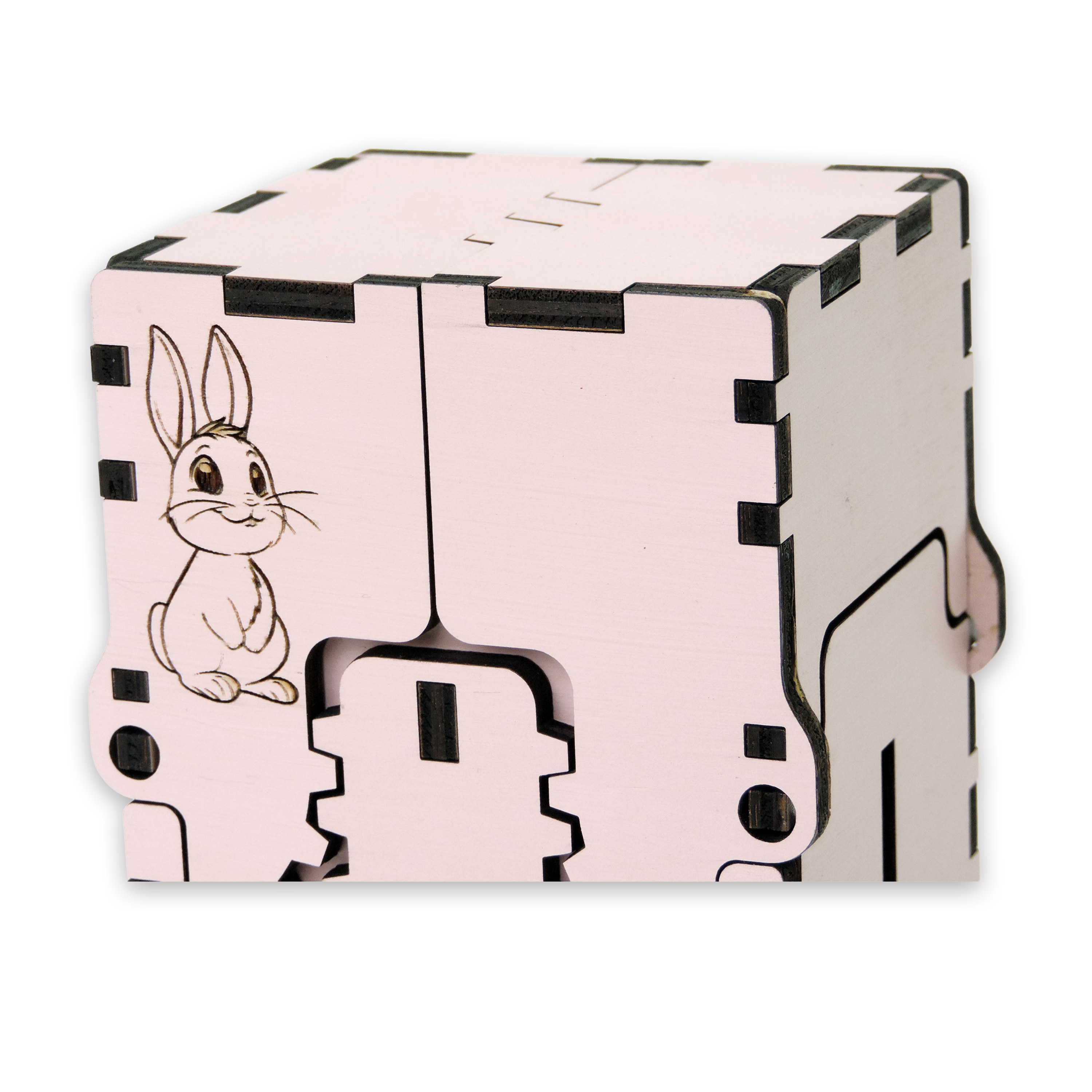 Laser-cut white rabbit box, pink-painted birch plywood