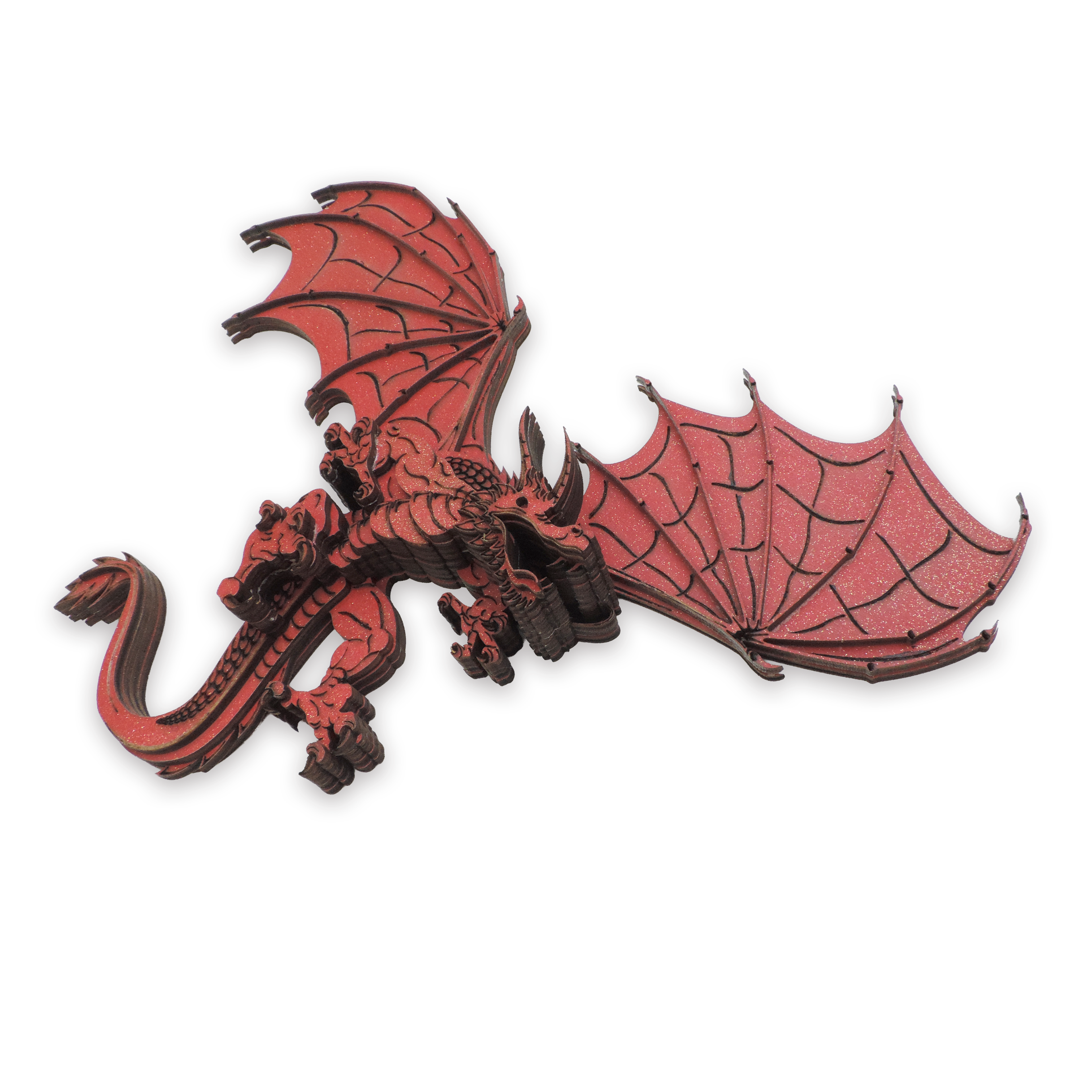 Multilayer 3D laser-cut red dragon wall art, Baltic Birch Plywood — red gold (15 × 10 in)