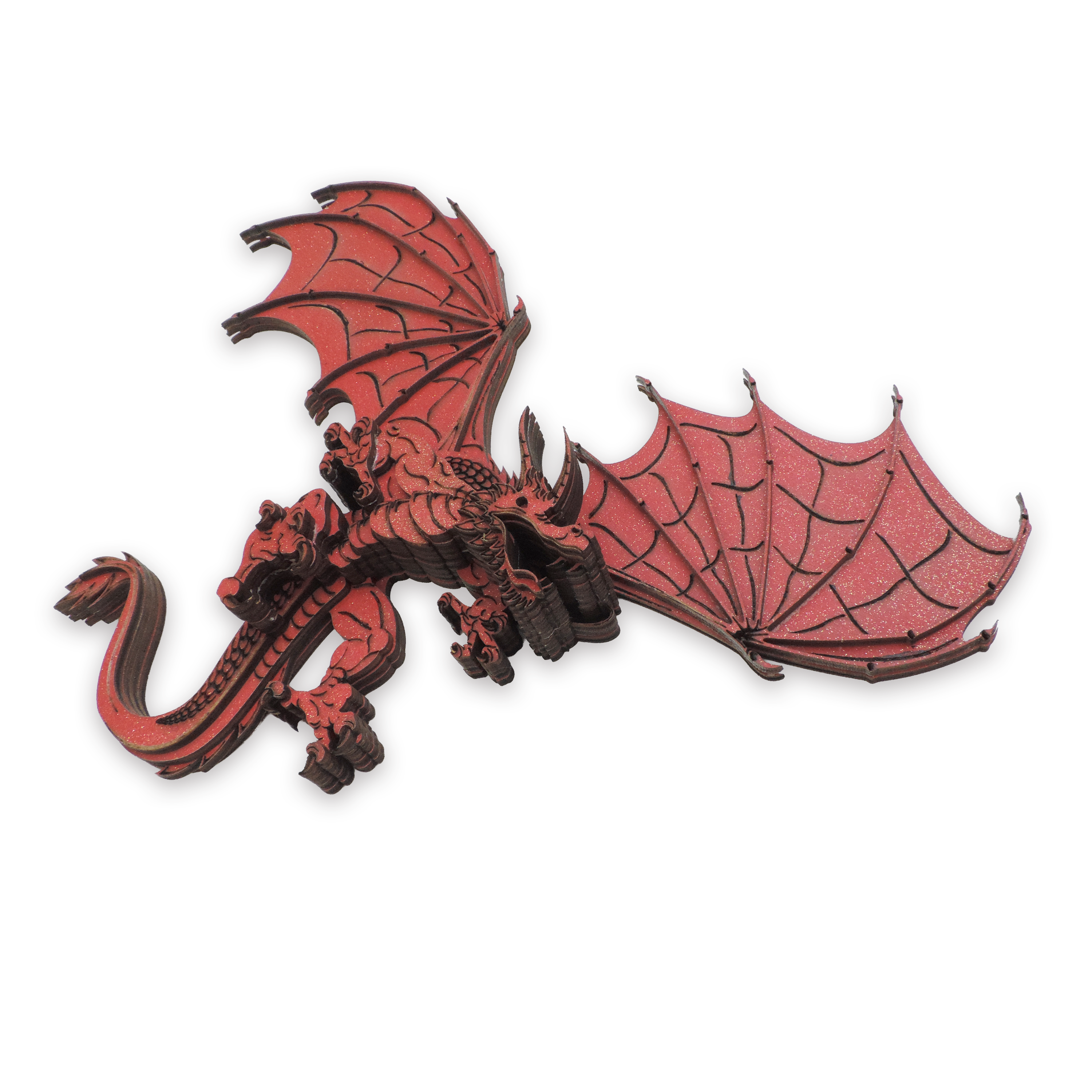 Multilayer 3D laser-cut red dragon wall art, Baltic Birch Plywood — red gold (15 × 10 in)