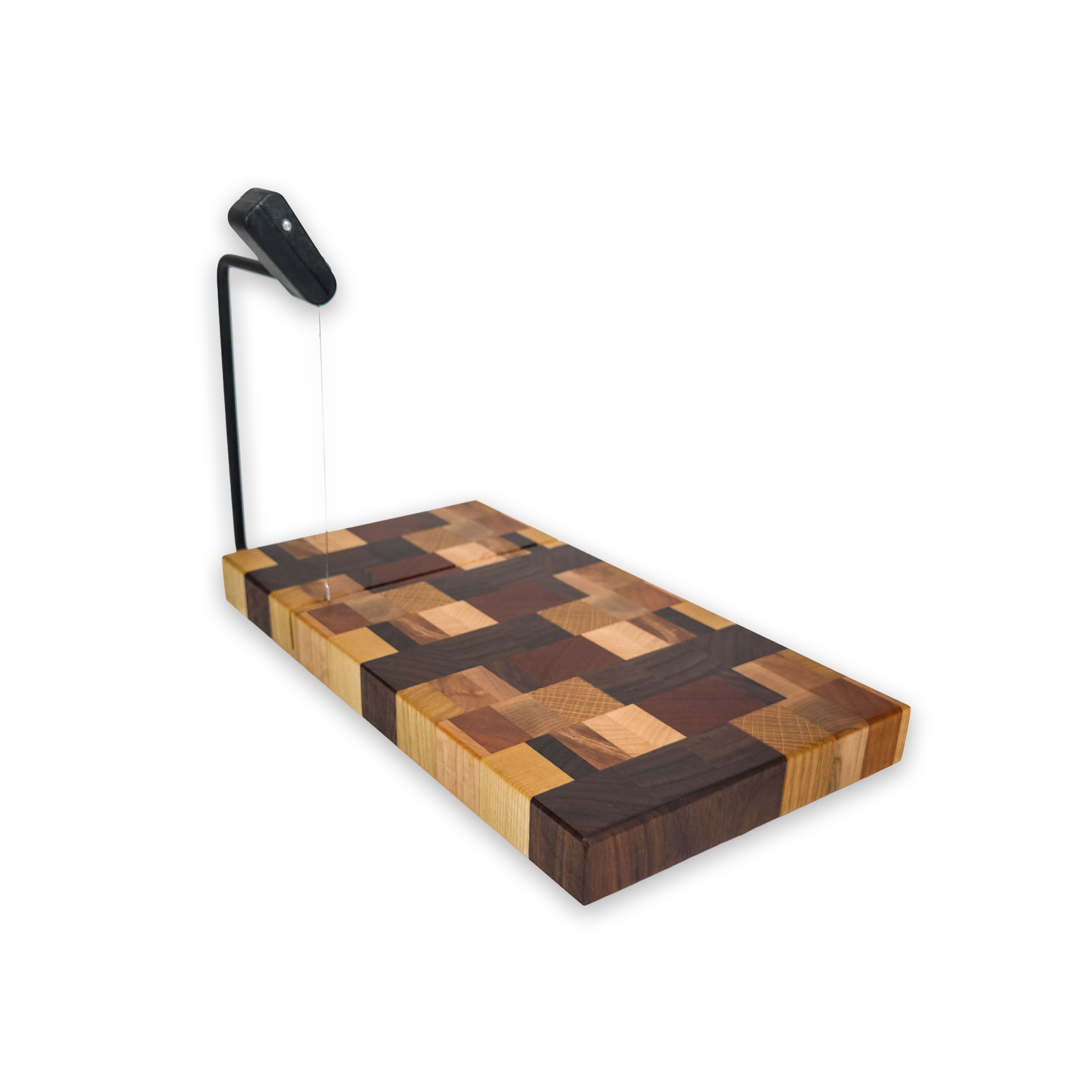 End grain dark mixed hardwood cheese slicer board with wire cutter, oiled hardwood