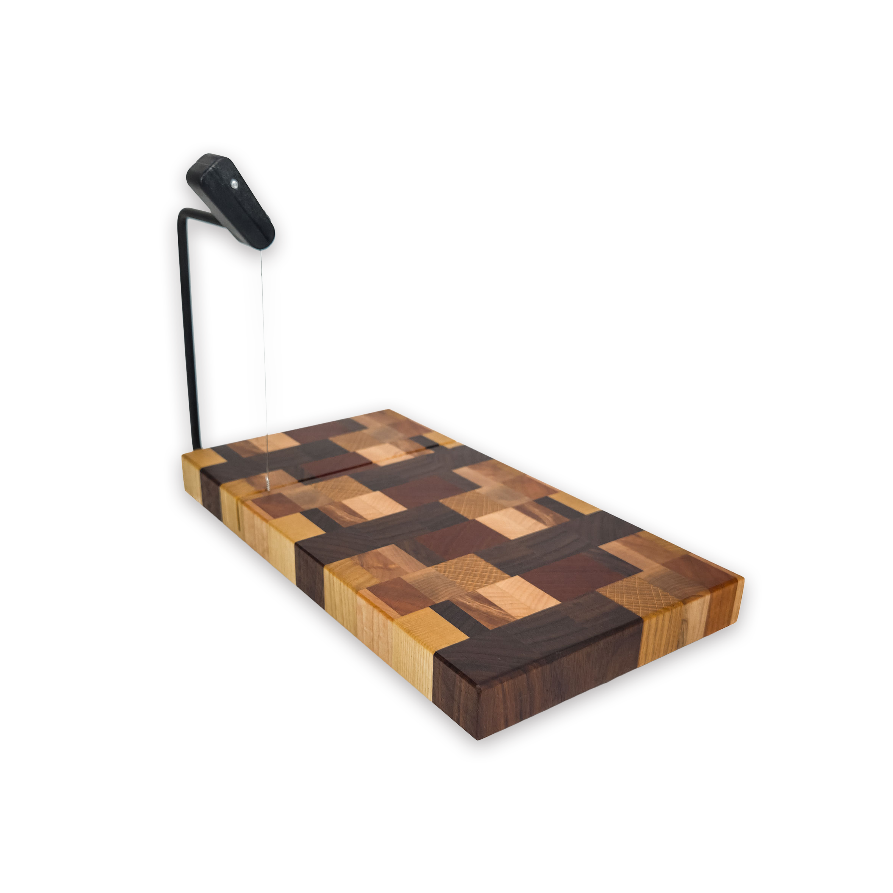 End grain dark mixed hardwood cheese slicer board with wire cutter, oiled hardwood