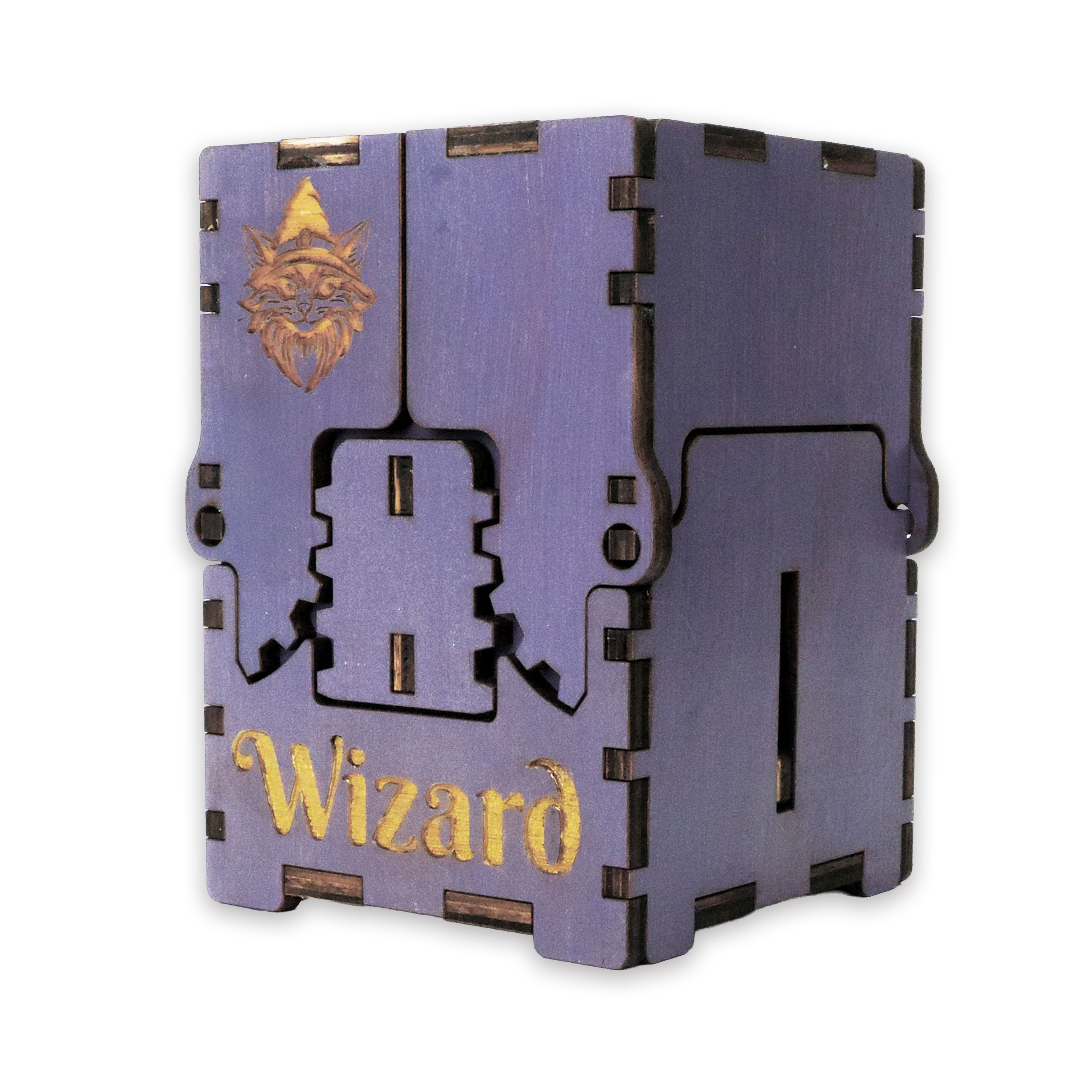 Laser-cut wizard box, purple-painted birch plywood