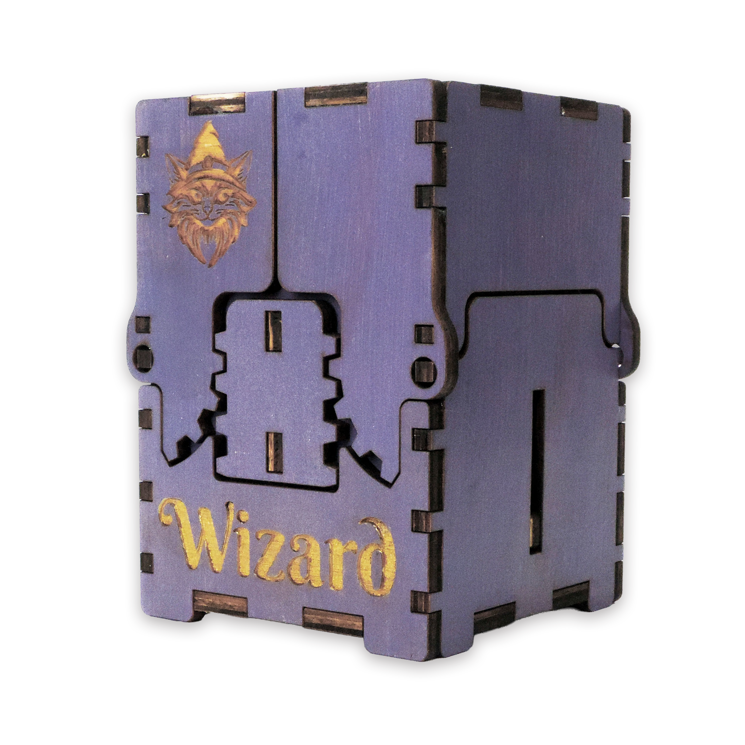 Laser-cut wizard box, purple-painted birch plywood