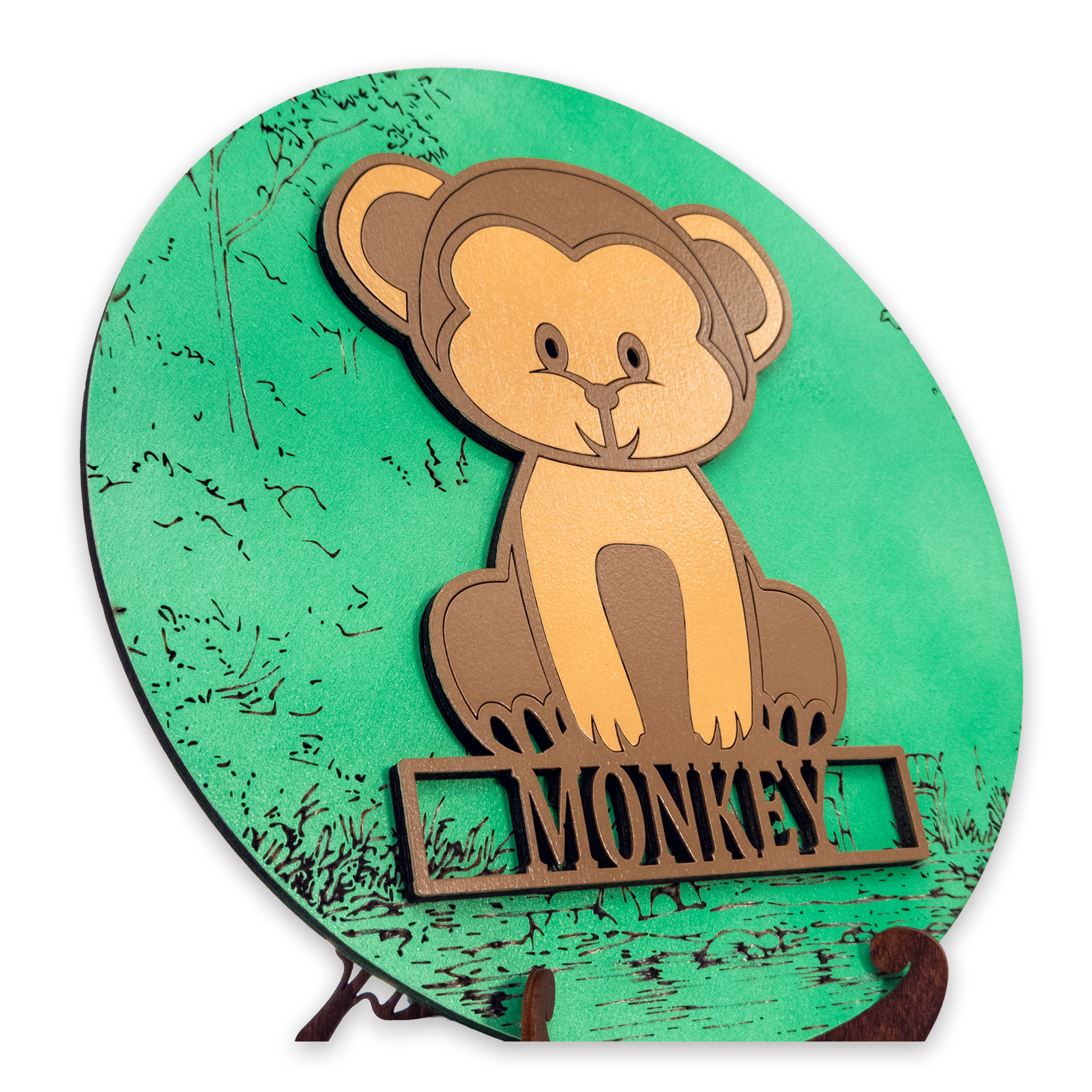 Multilayer 3D laser-cut monkey name sign wall art, Baltic Birch Plywood