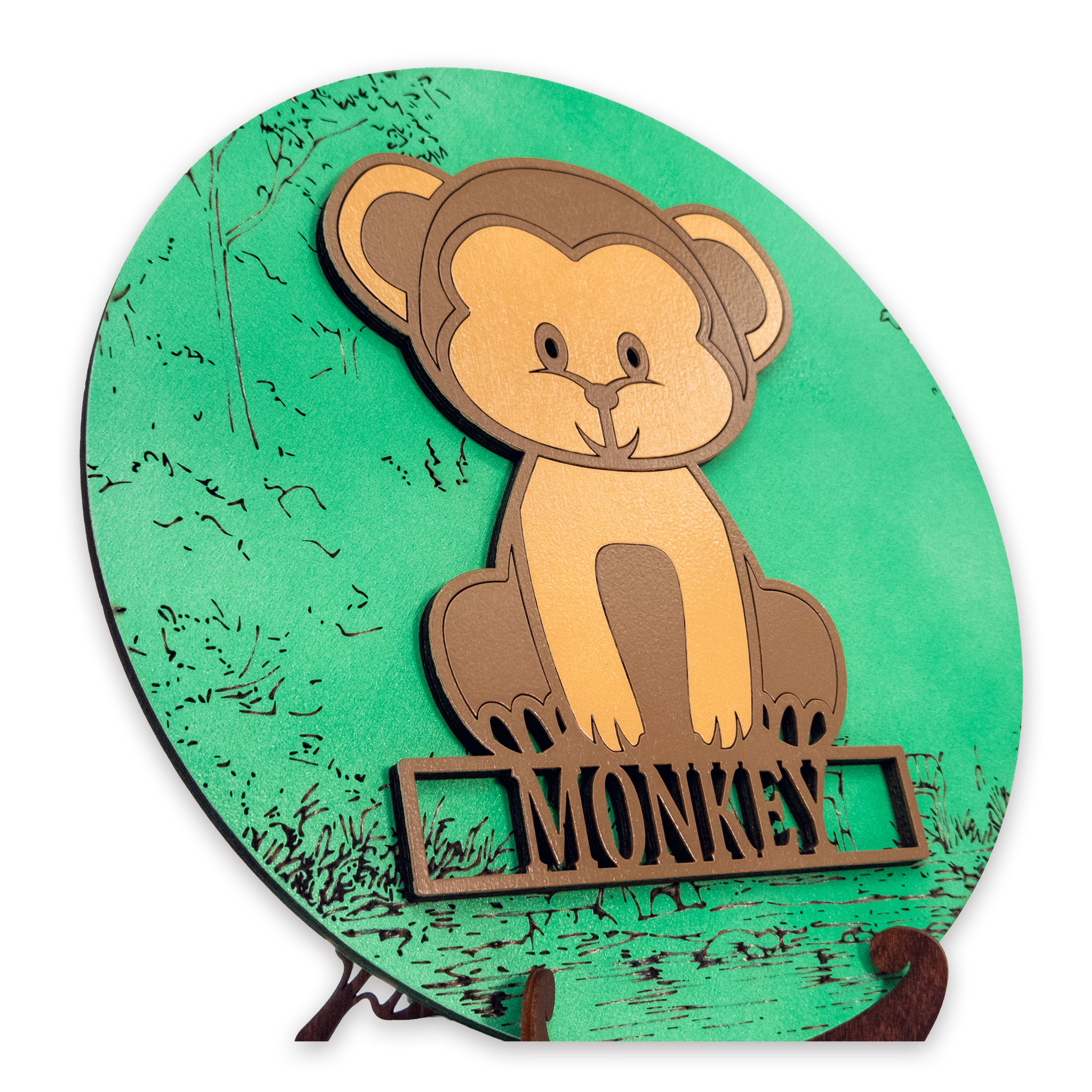 Multilayer 3D laser-cut monkey name sign wall art, Baltic Birch Plywood