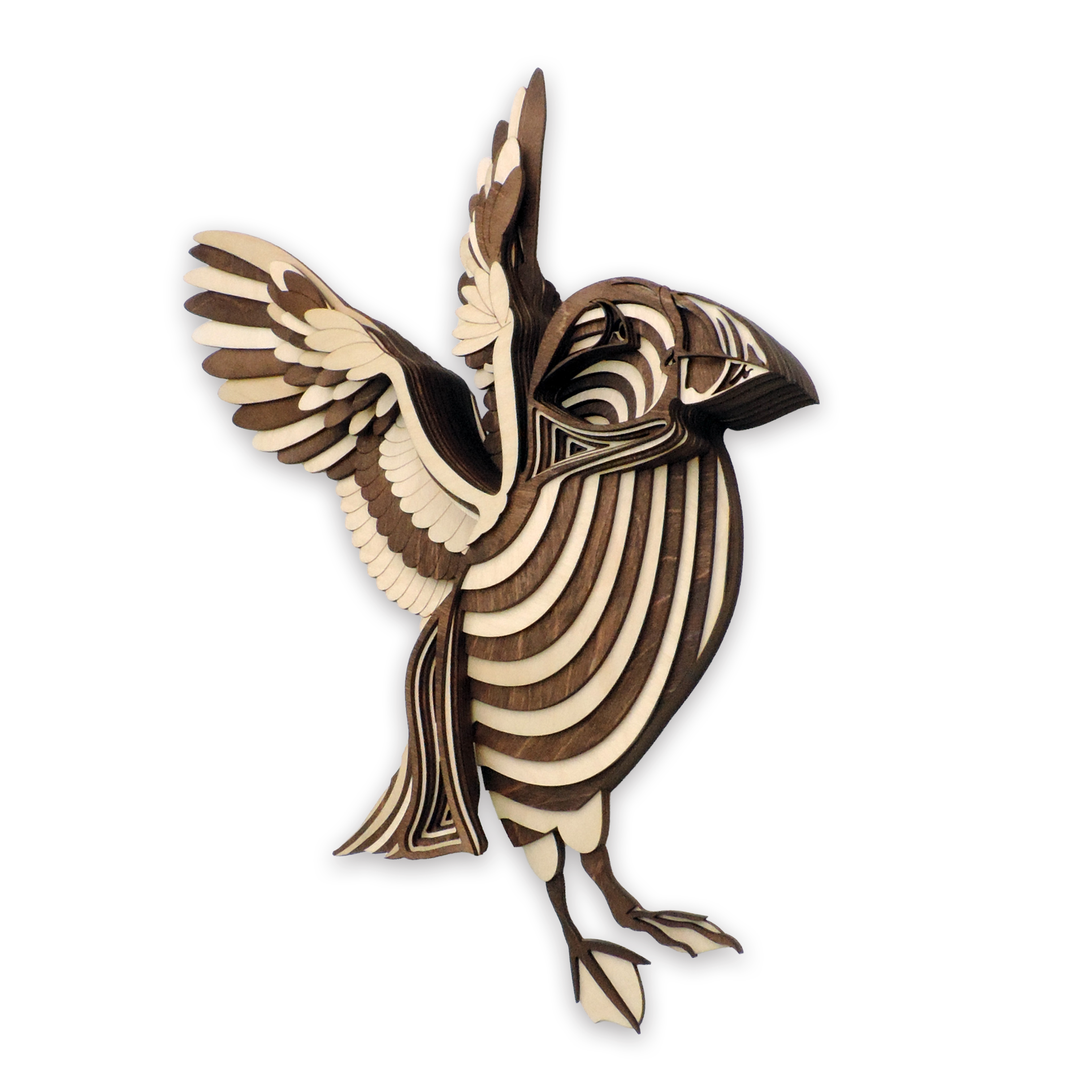 17-layer 3D laser-cut baby puffin wall art, Baltic Birch Plywood — walnut maple, small (11 × 9 in)