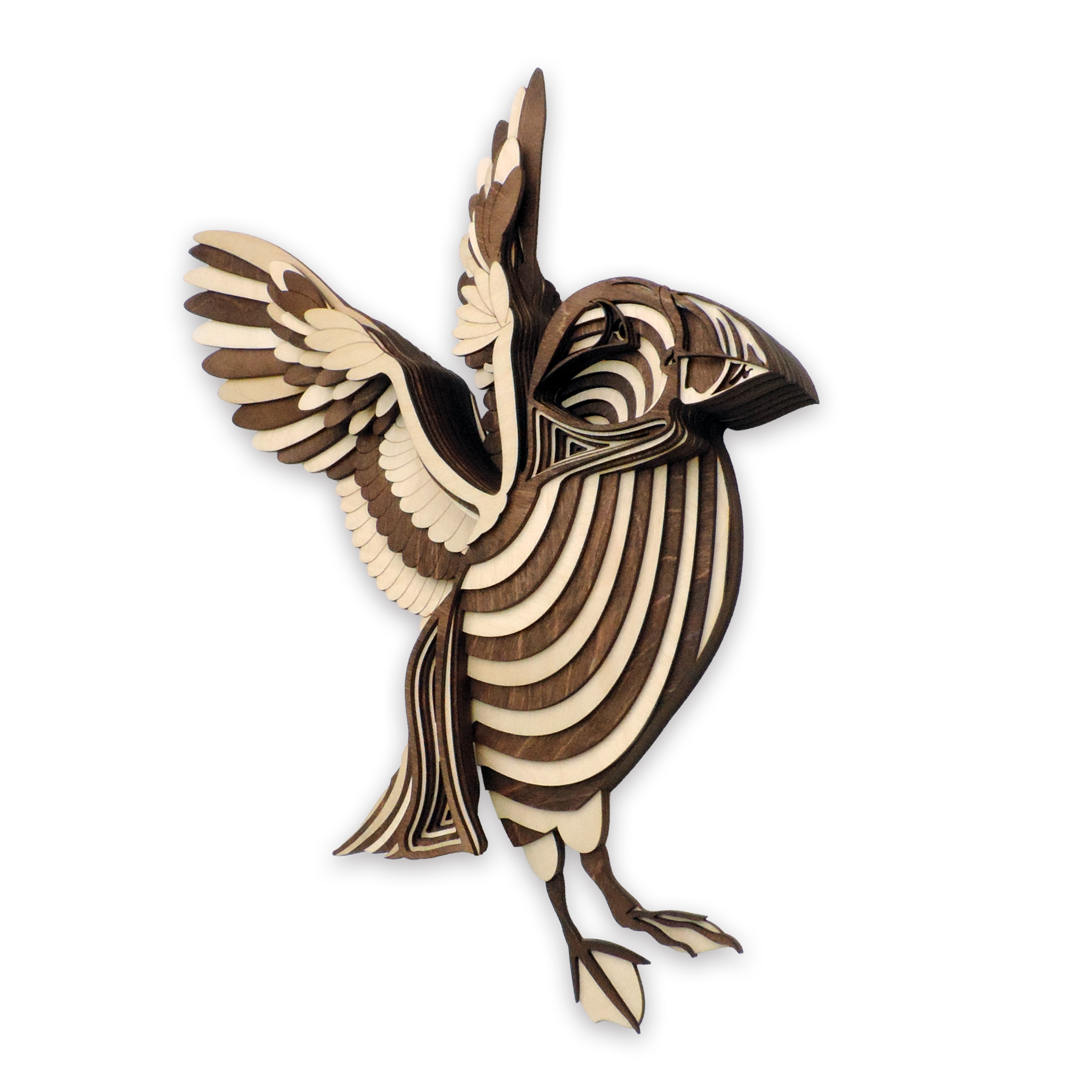 17-layer 3D laser-cut baby puffin wall art, Baltic Birch Plywood — walnut maple, small (11 × 9 in)