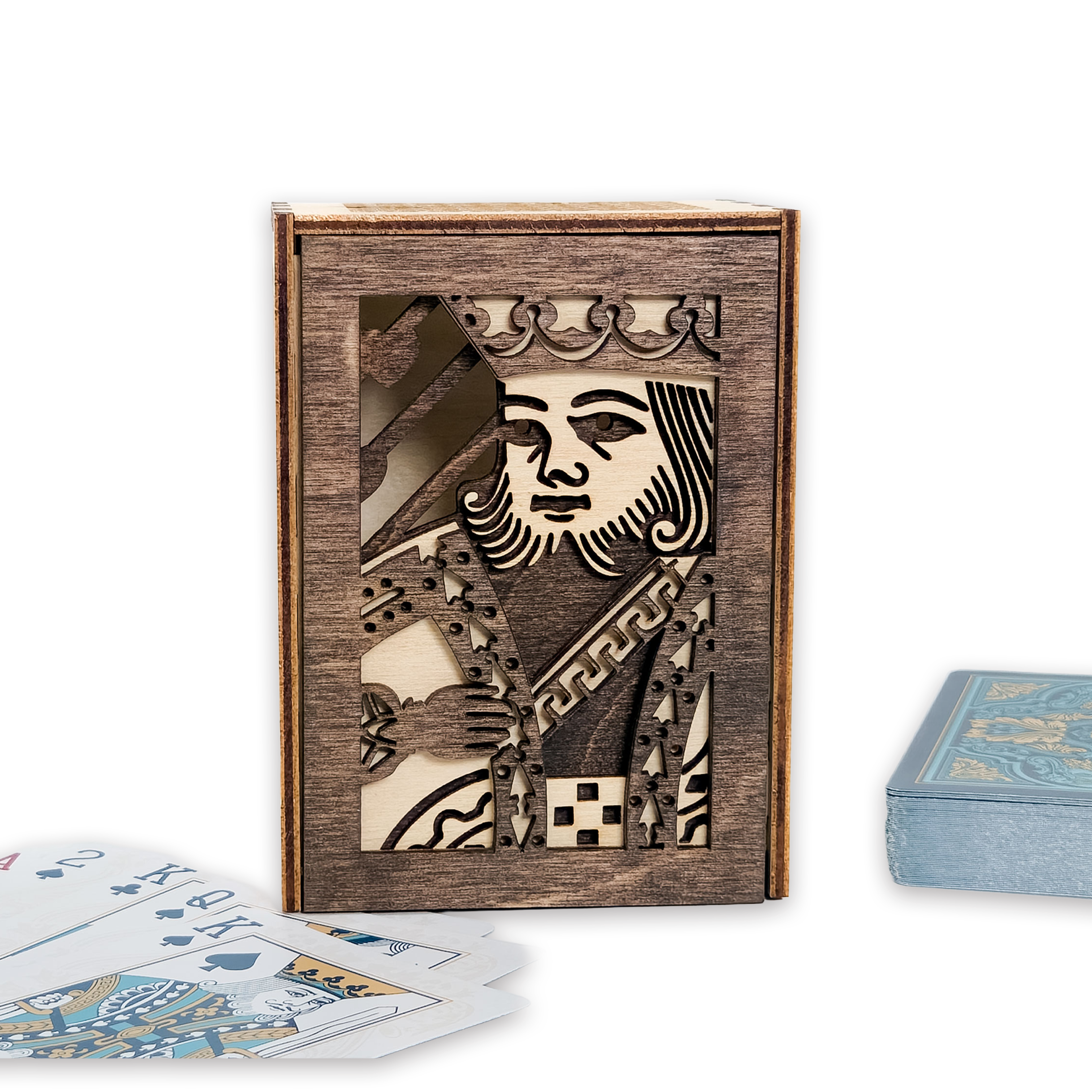Laser-cut king of hearts poker card box, walnut & maple birch plywood