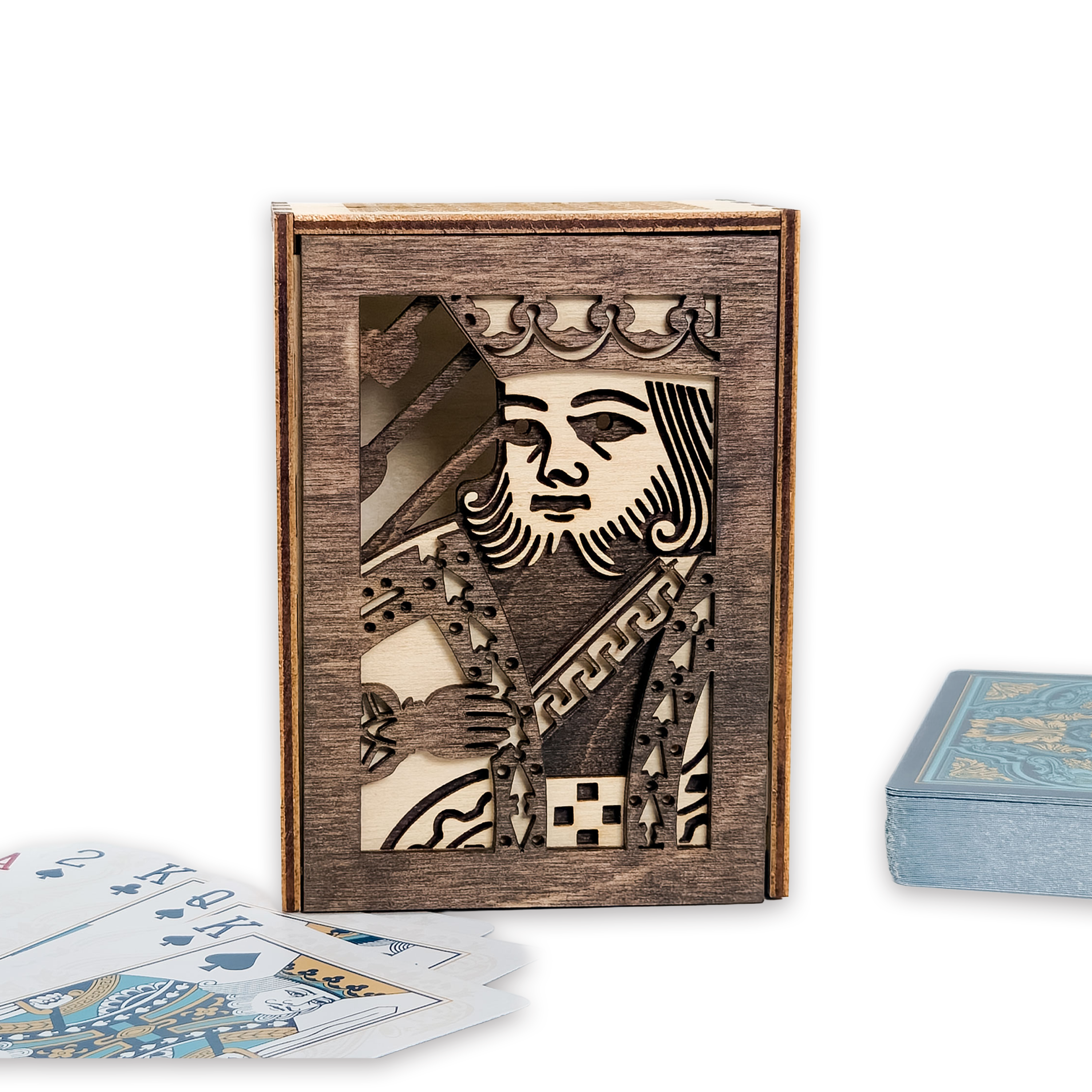 Laser-cut king of hearts poker card box, walnut & maple birch plywood