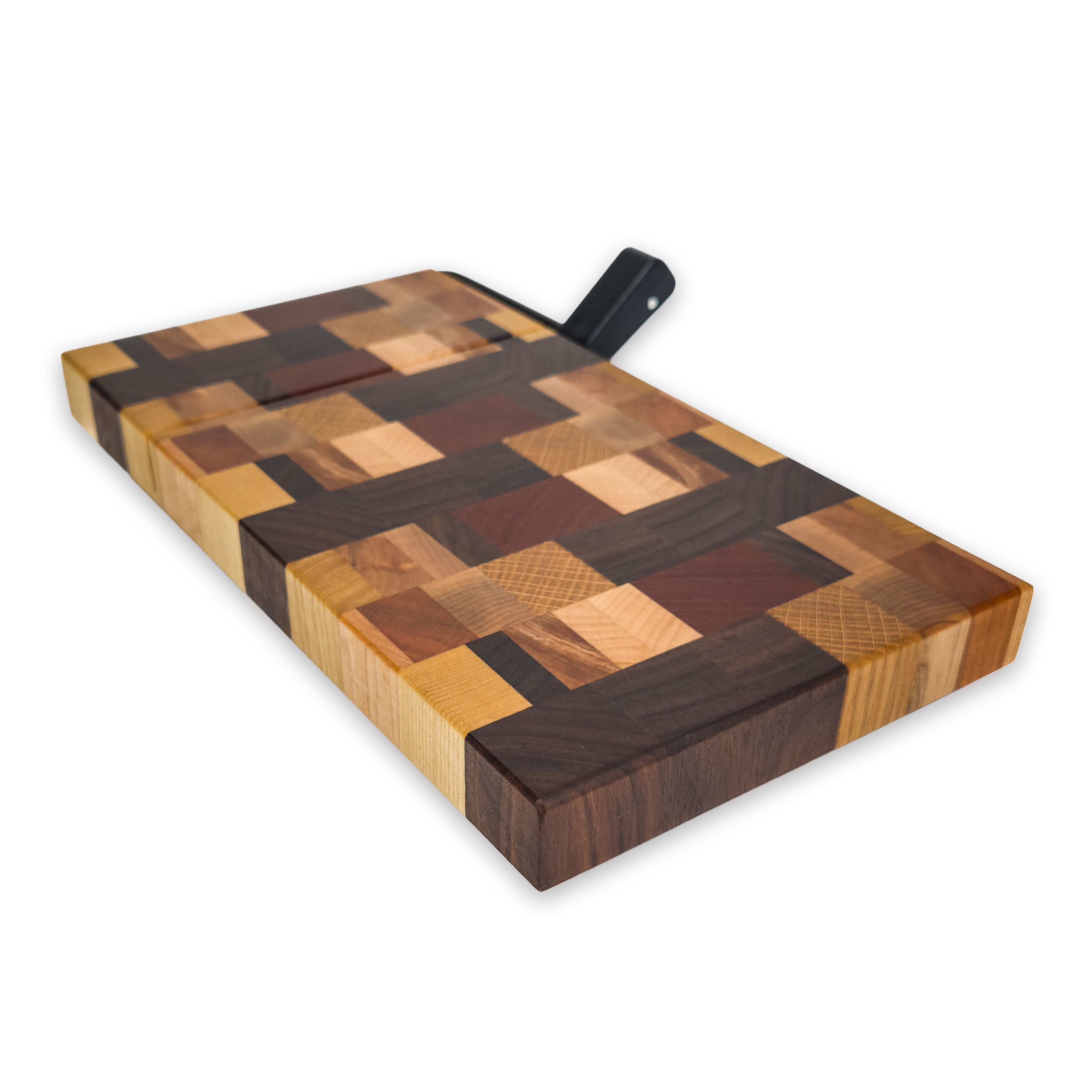 End grain dark mixed hardwood cheese slicer board with wire cutter, oiled hardwood