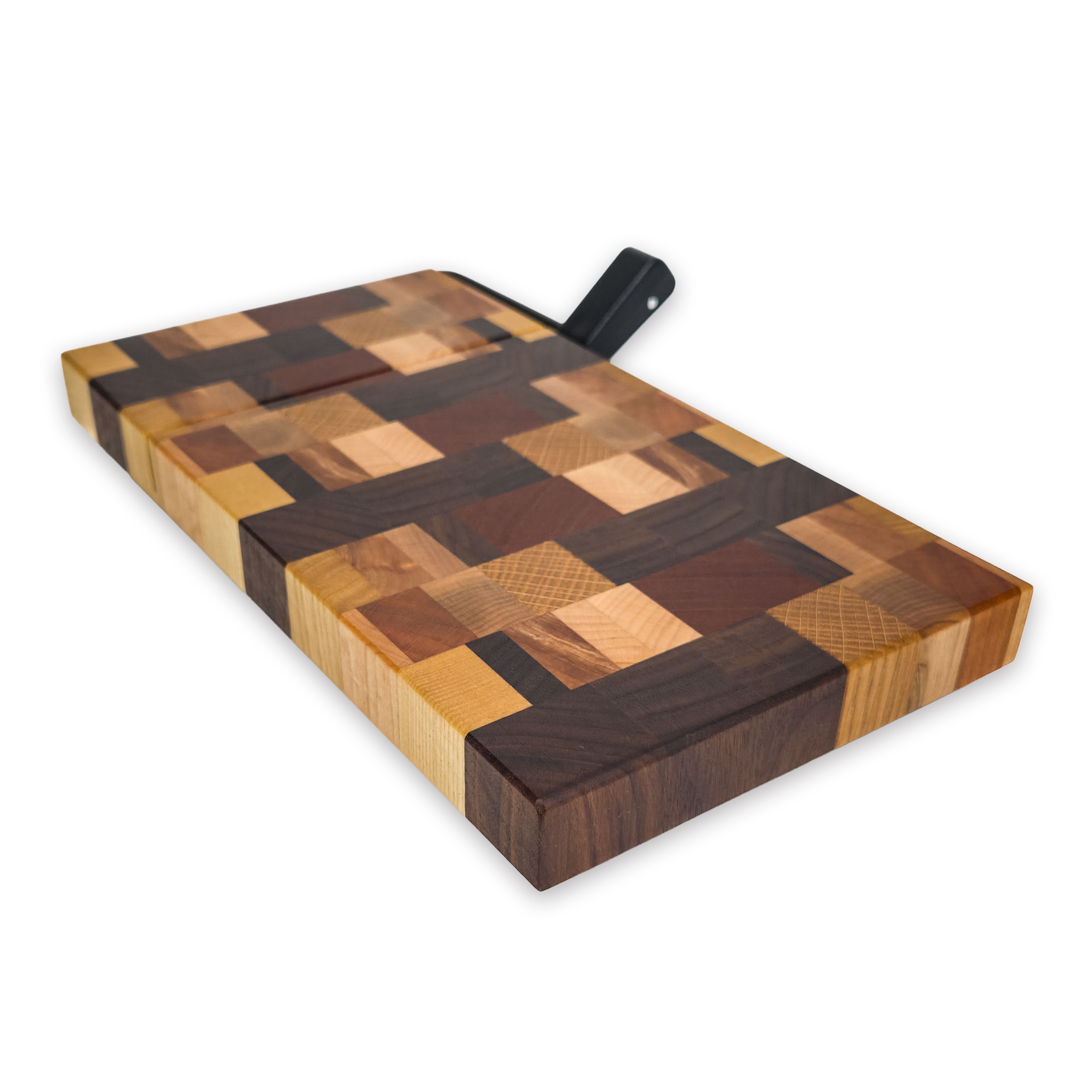 End grain dark mixed hardwood cheese slicer board with wire cutter, oiled hardwood