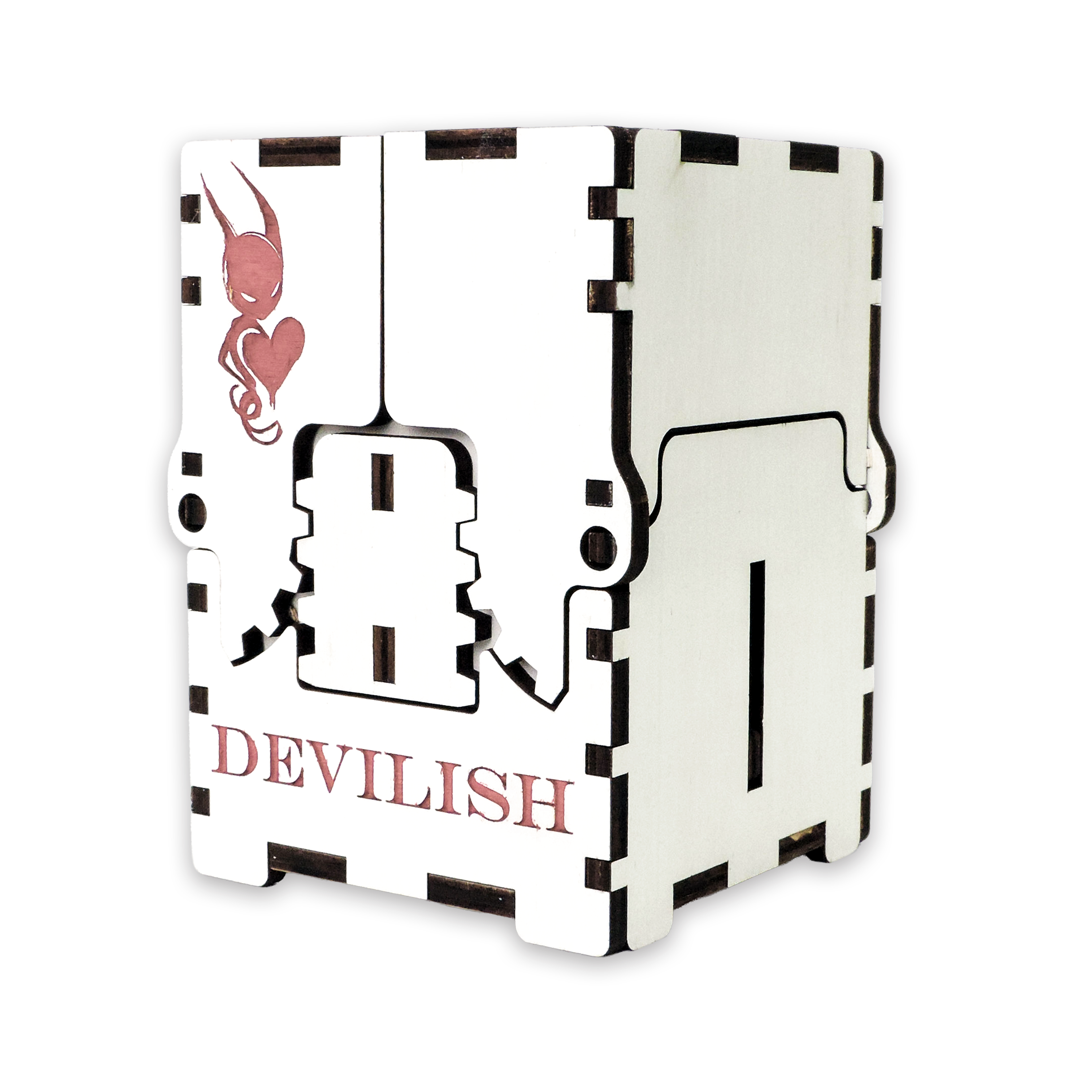 Laser-cut devilish box, white-painted birch plywood — small (3.5 × 5 in)