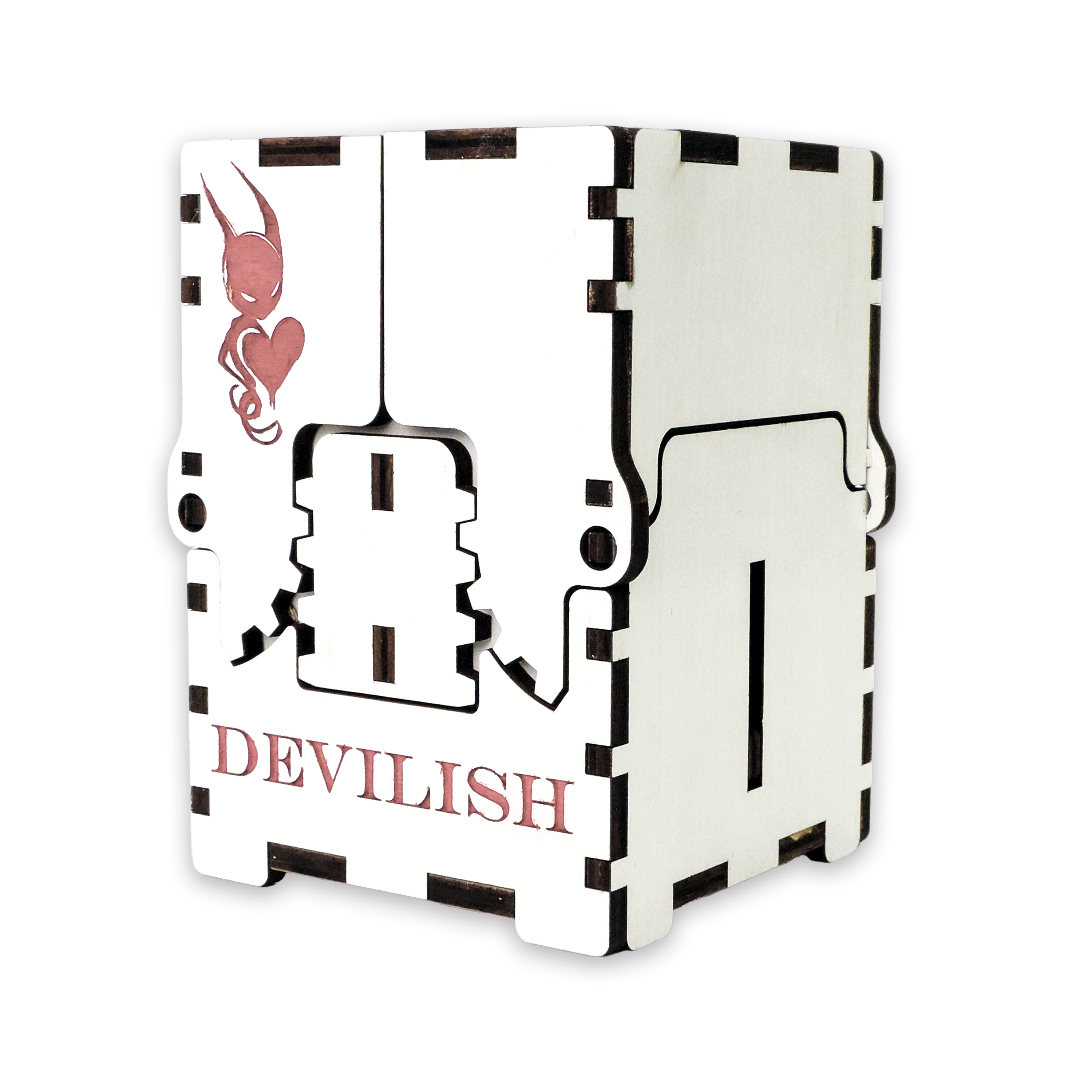 Laser-cut devilish box, white-painted birch plywood — small (3.5 × 5 in)