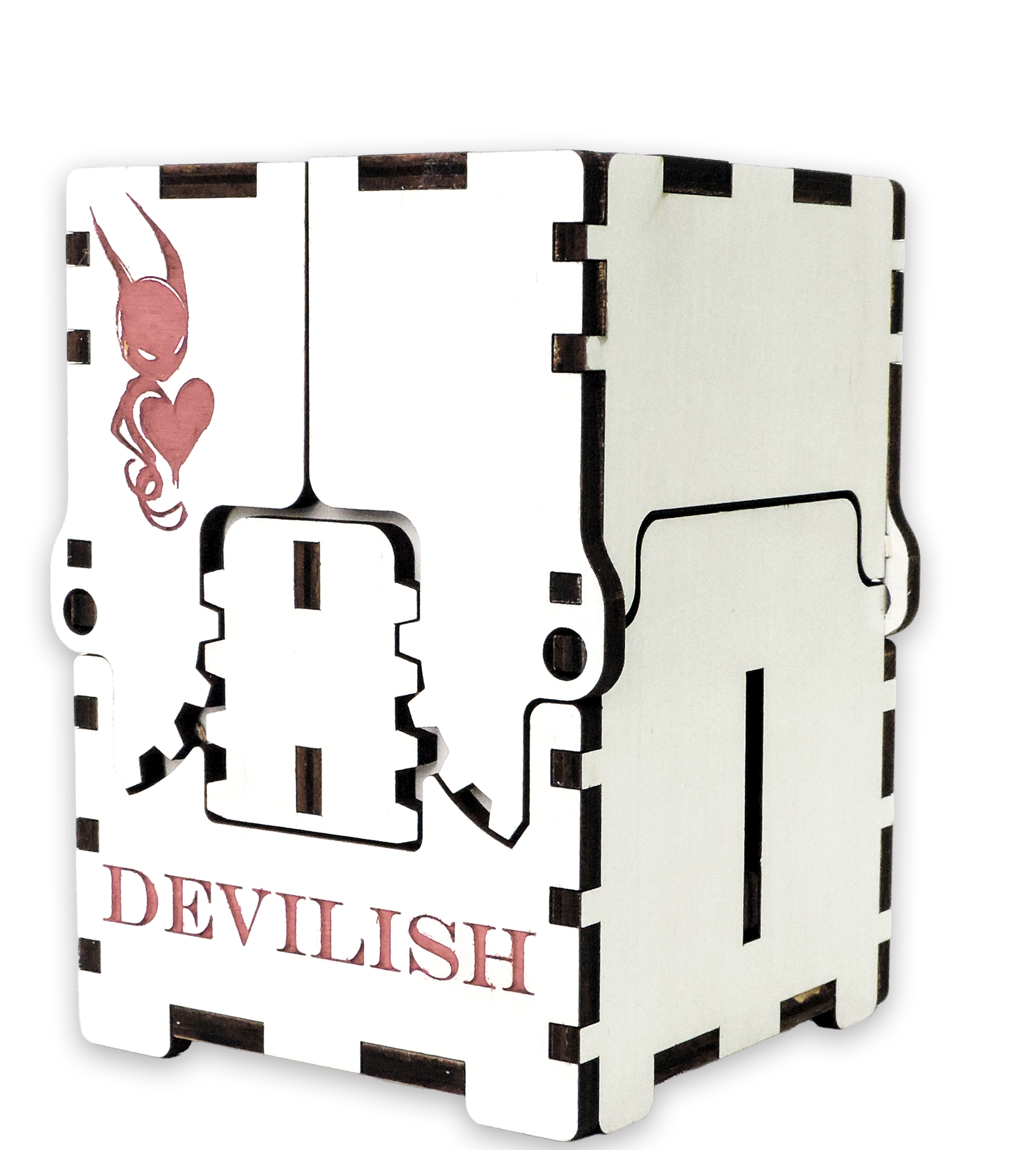 Laser-cut devilish box, white-painted birch plywood