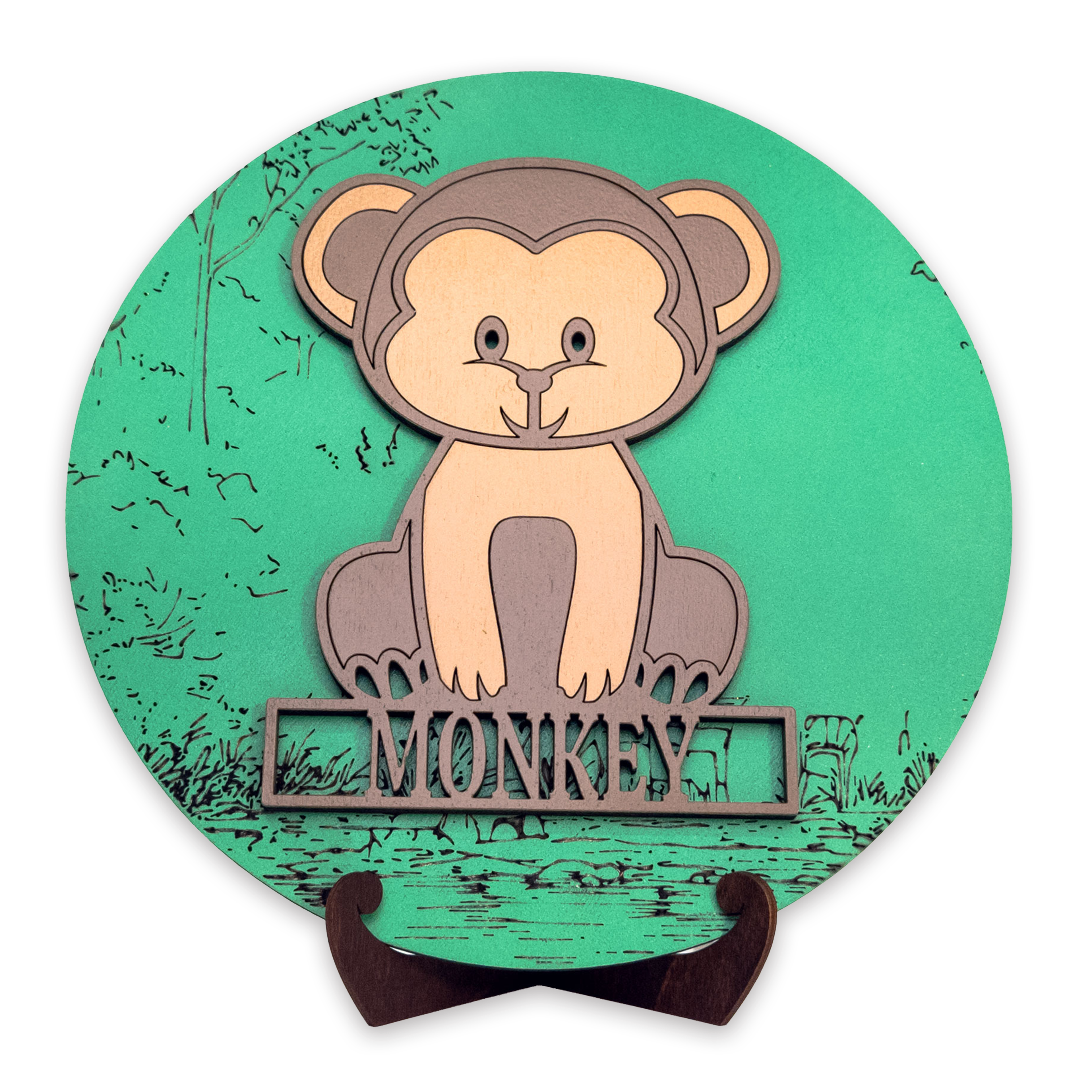 Multilayer 3D laser-cut monkey name sign wall art, Baltic Birch Plywood