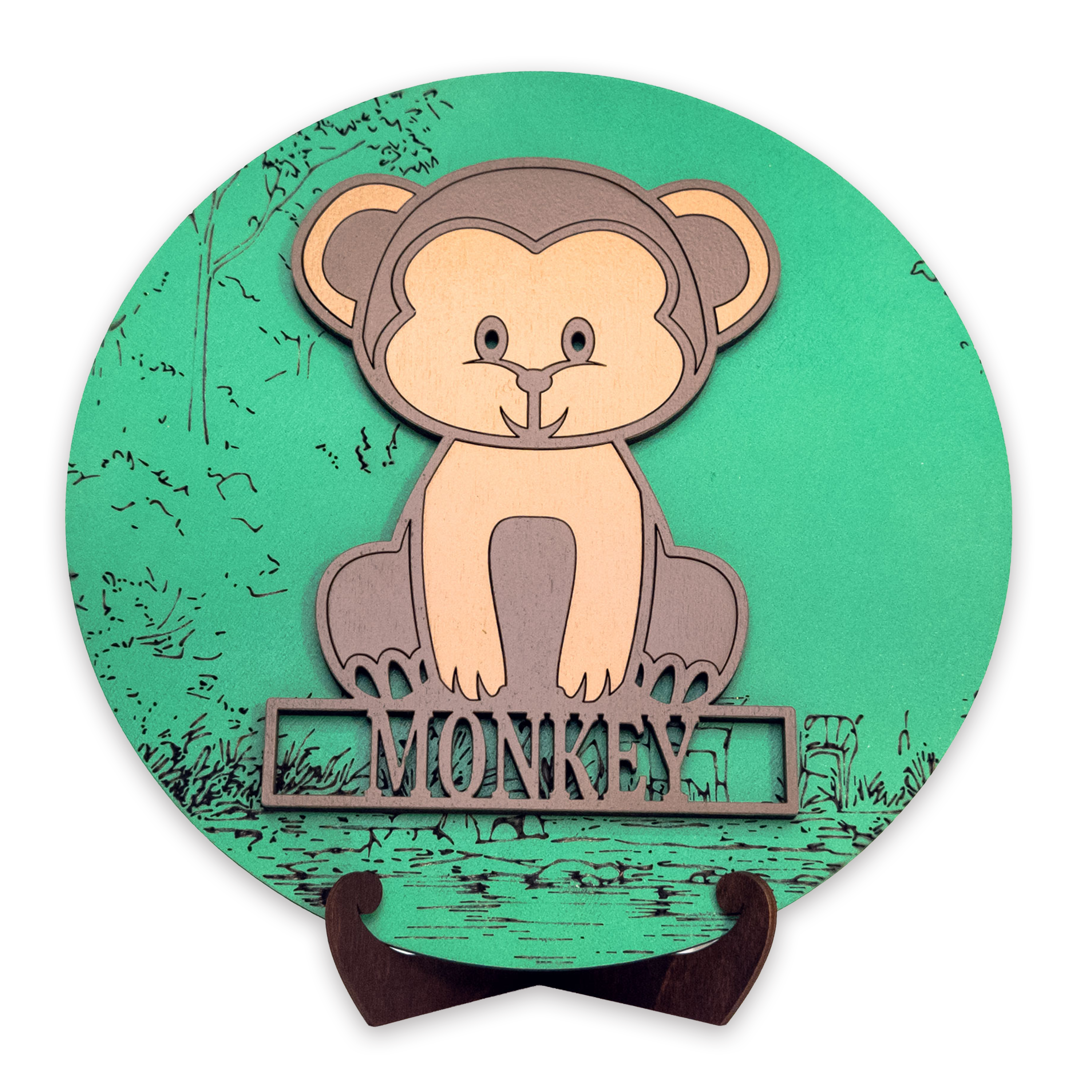 Multilayer 3D laser-cut monkey name sign wall art, Baltic Birch Plywood