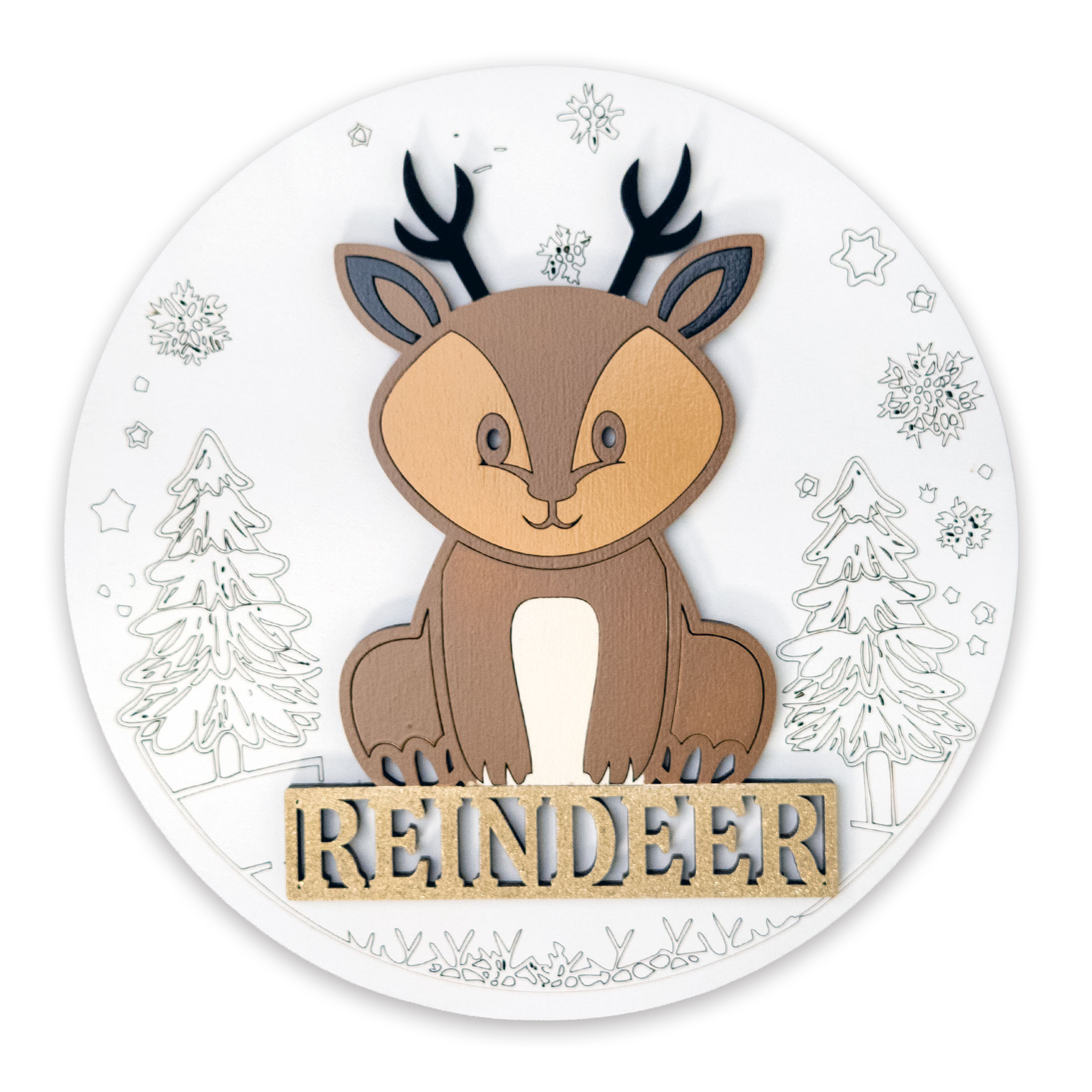 Multilayer 3D laser-cut reindeer name sign wall art, Baltic Birch Plywood