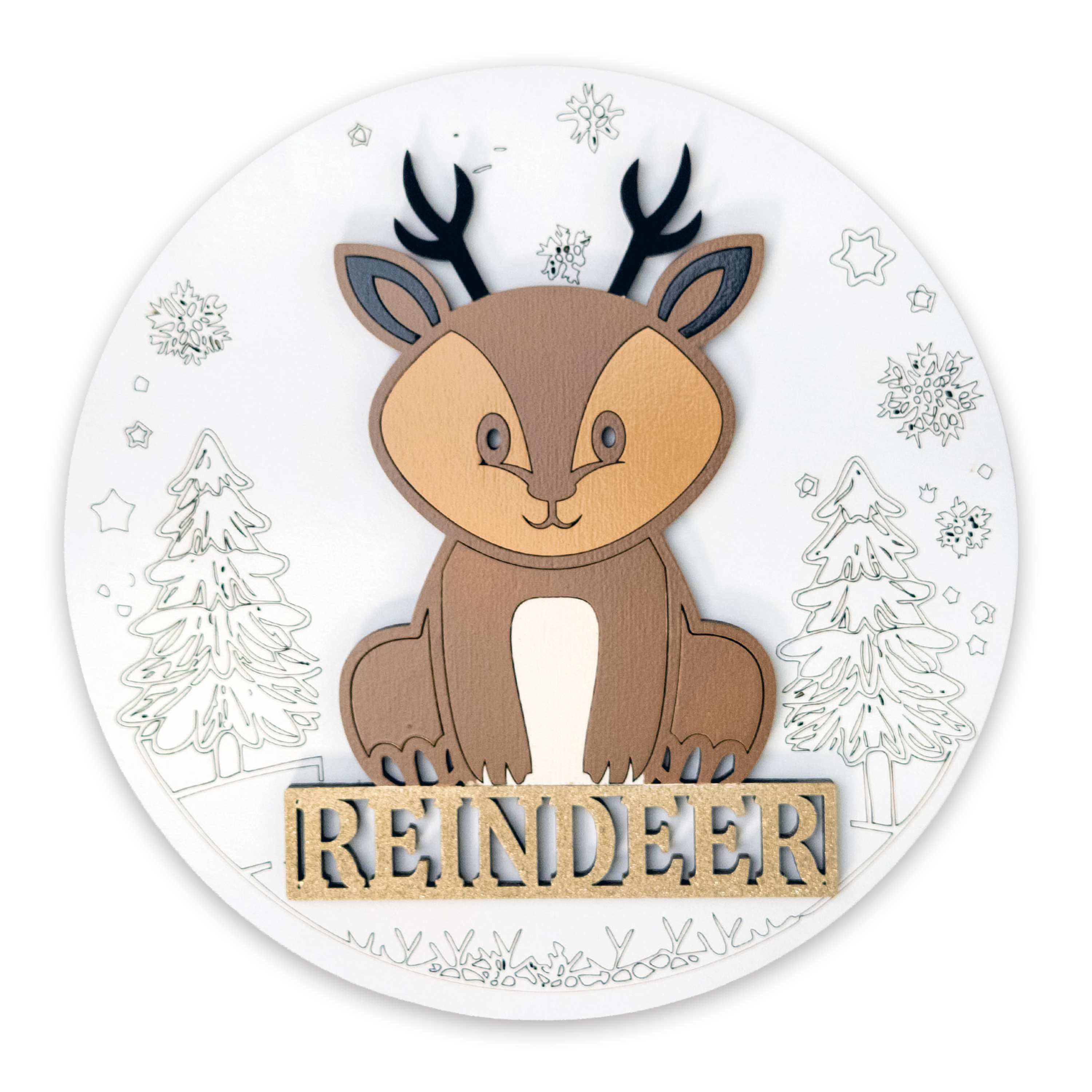 Multilayer 3D laser-cut reindeer name sign wall art, Baltic Birch Plywood