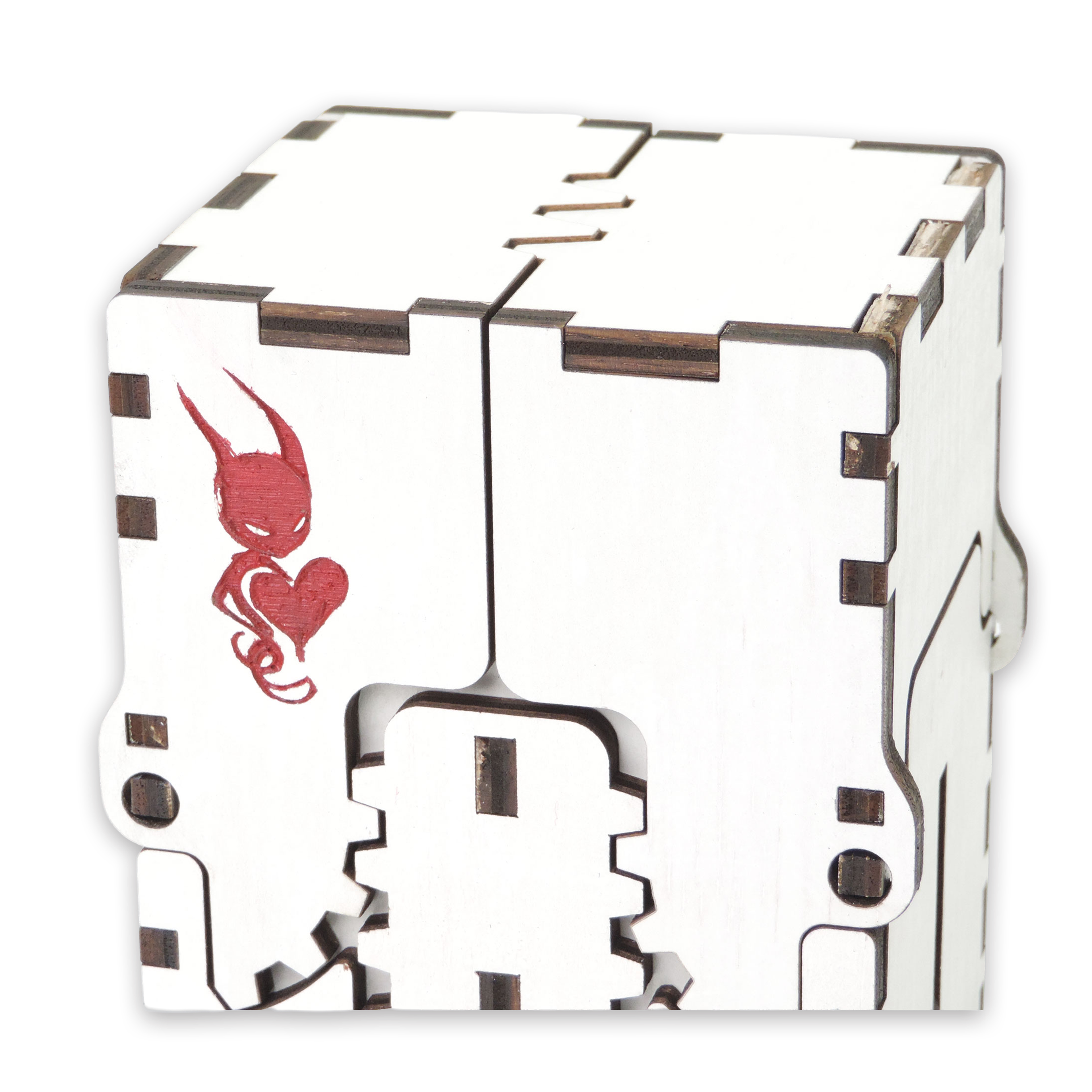 Laser-cut devilish box, white-painted birch plywood