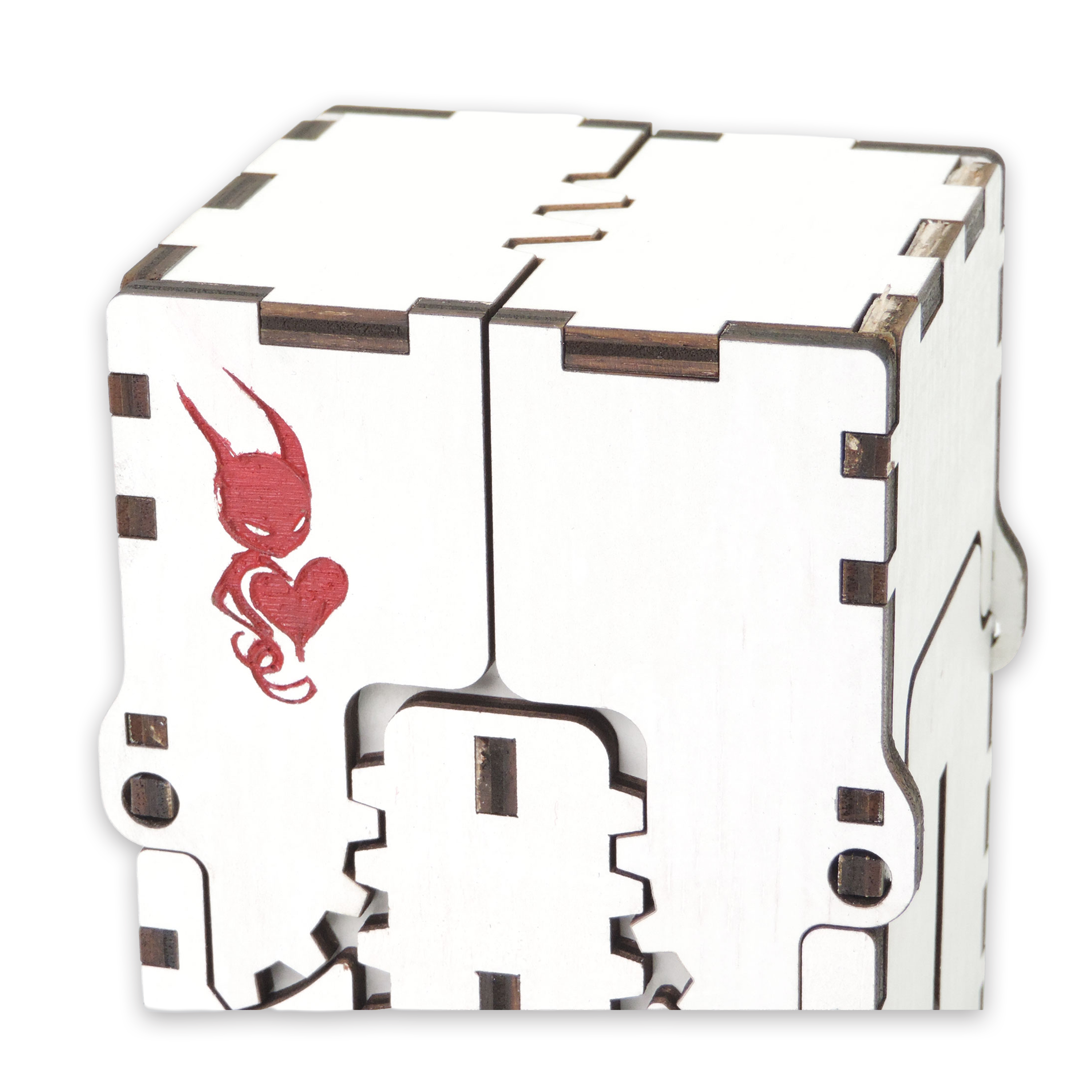 Laser-cut devilish box, white-painted birch plywood