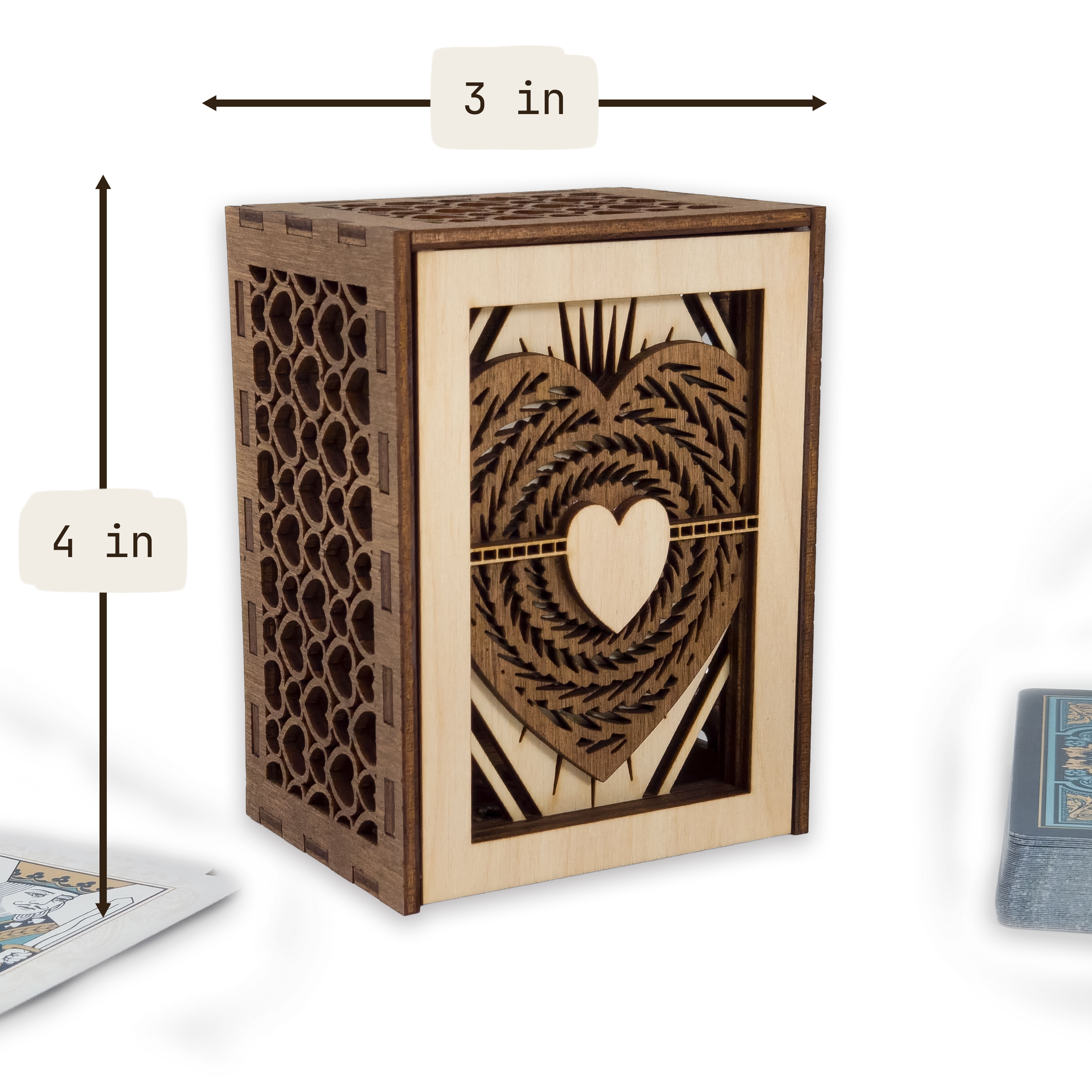 Laser-cut ace of hearts poker card box, walnut & maple birch plywood