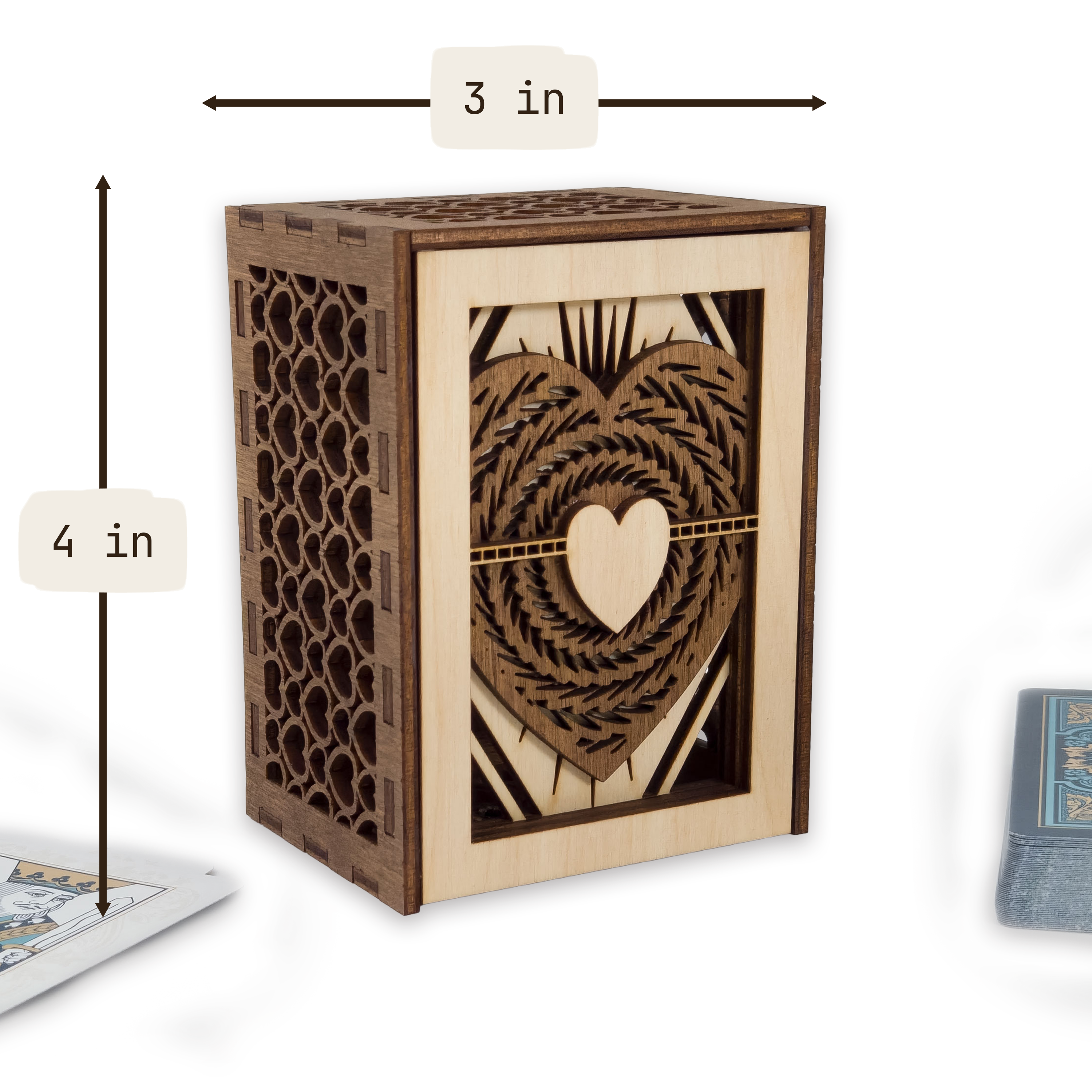 Laser-cut ace of hearts poker card box, walnut & maple birch plywood