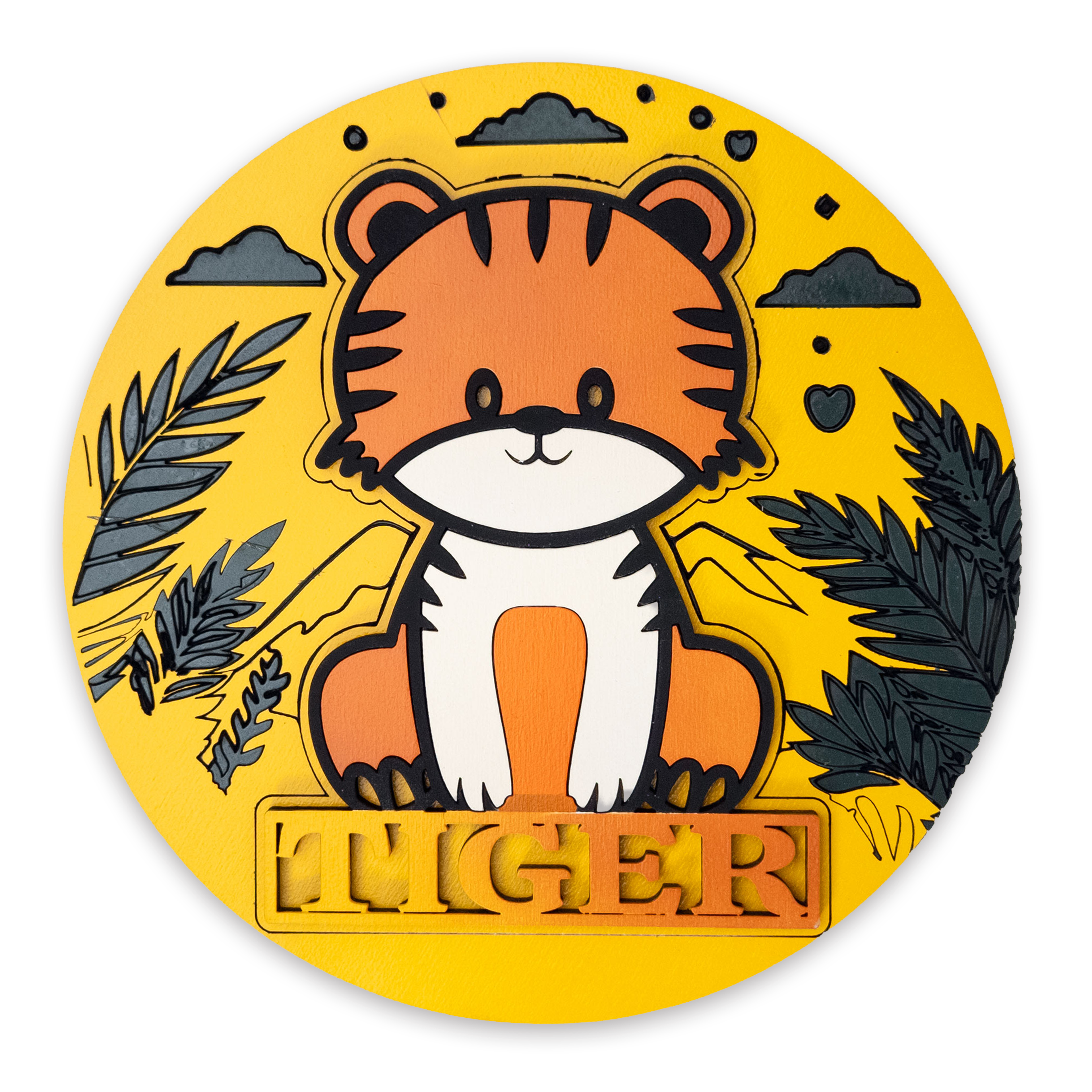 Multilayer 3D laser-cut tiger name sign wall art, Baltic Birch Plywood