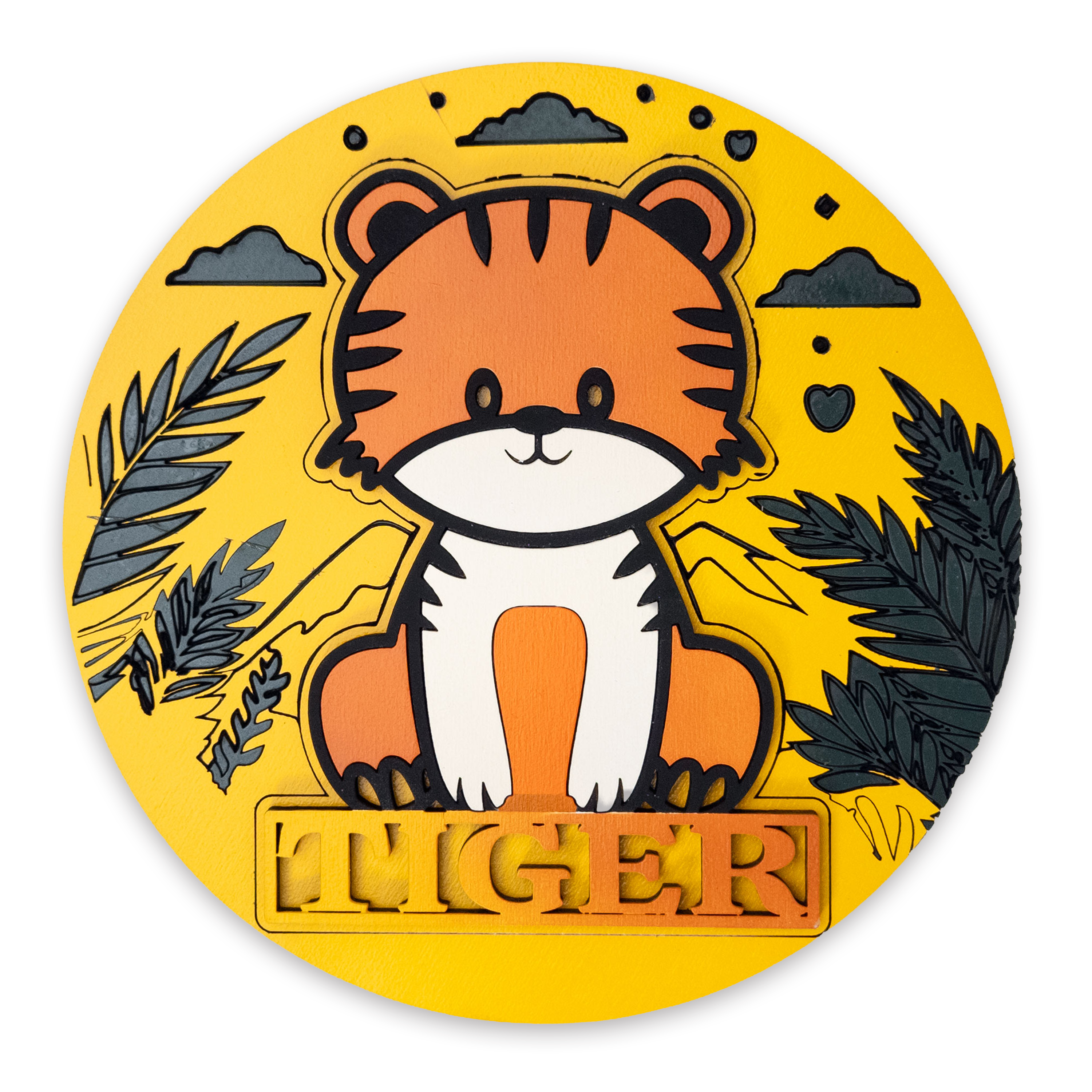 Multilayer 3D laser-cut tiger name sign wall art, Baltic Birch Plywood