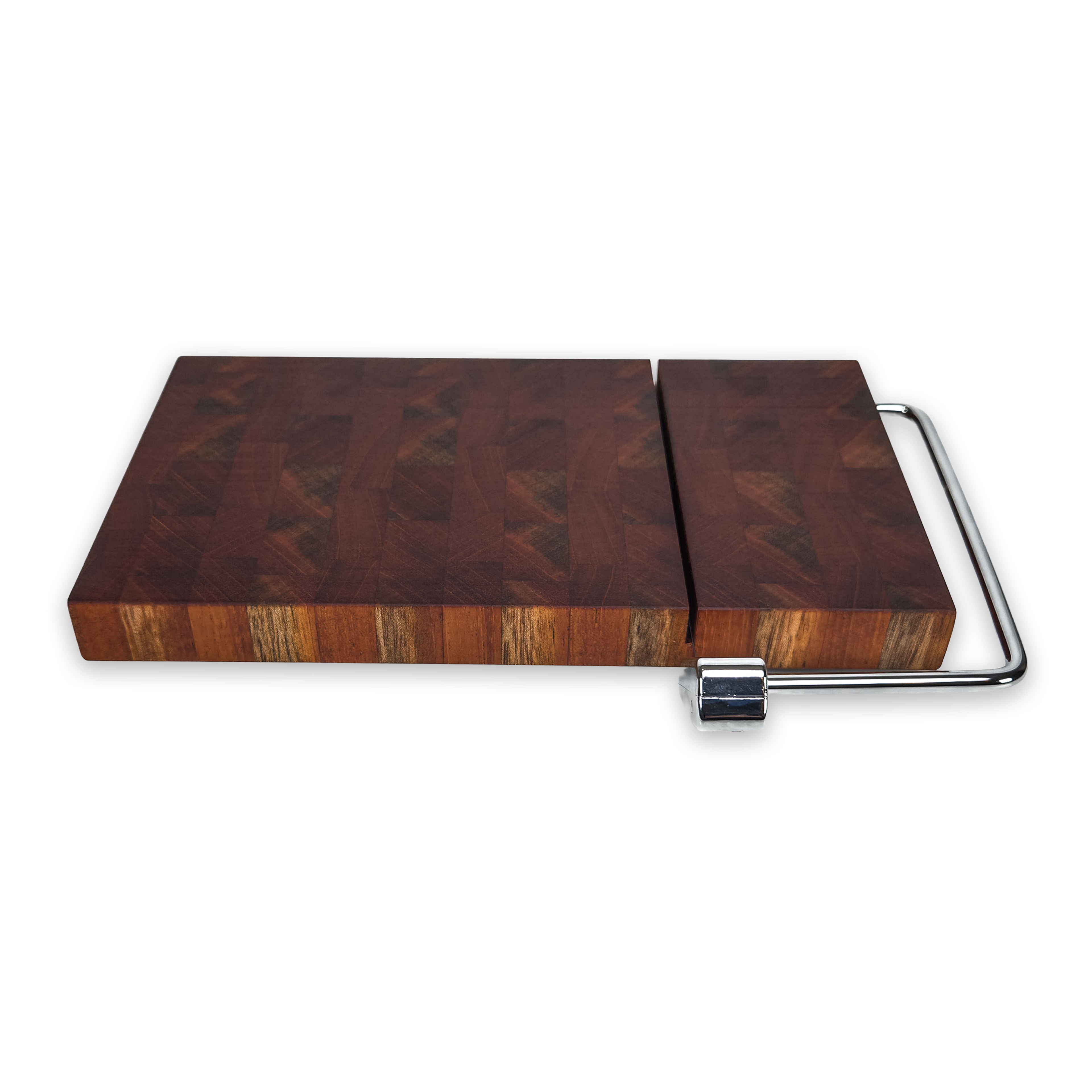 End grain walnut cheese slicer board with wire cutter, oiled hardwood