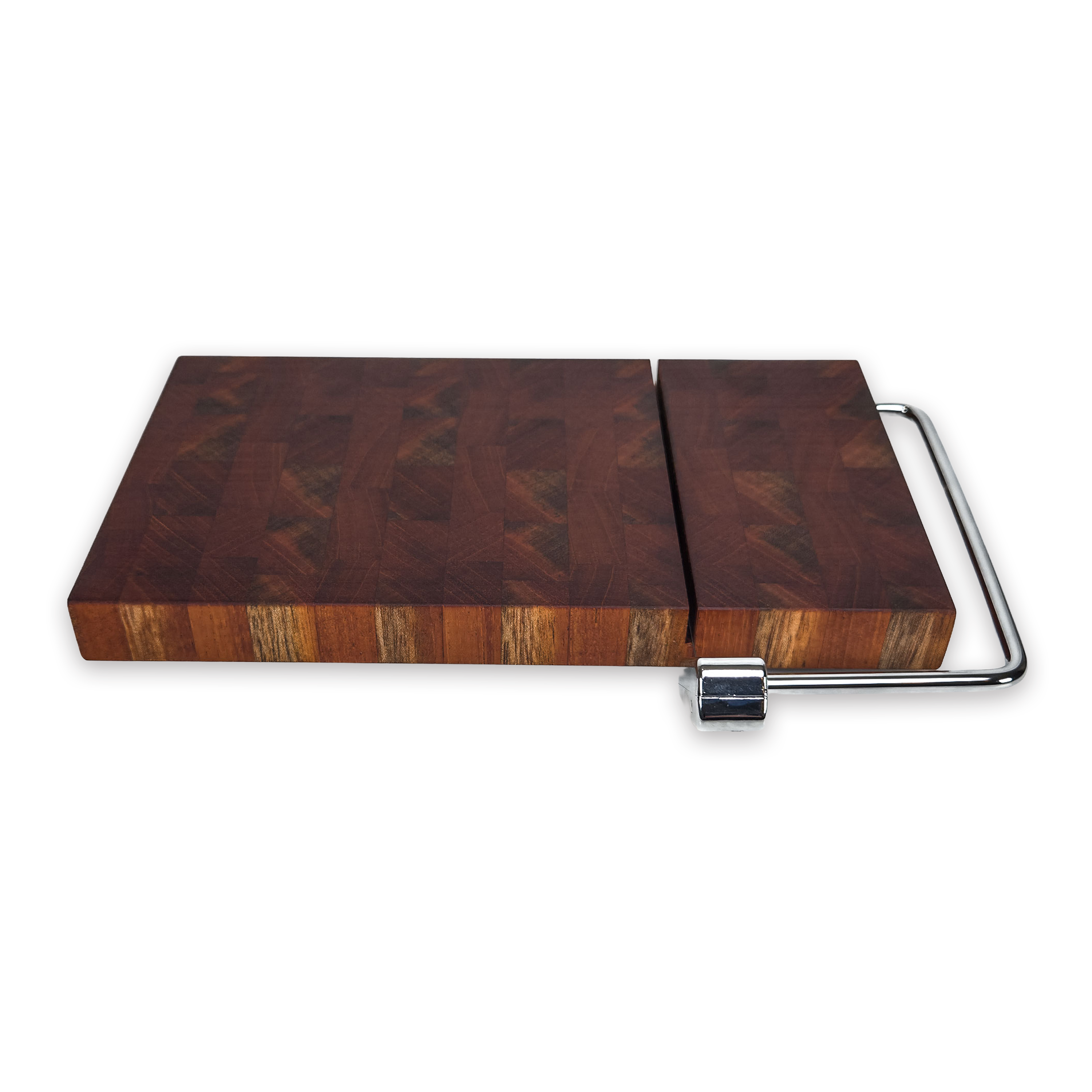 End grain walnut cheese slicer board with wire cutter, oiled hardwood