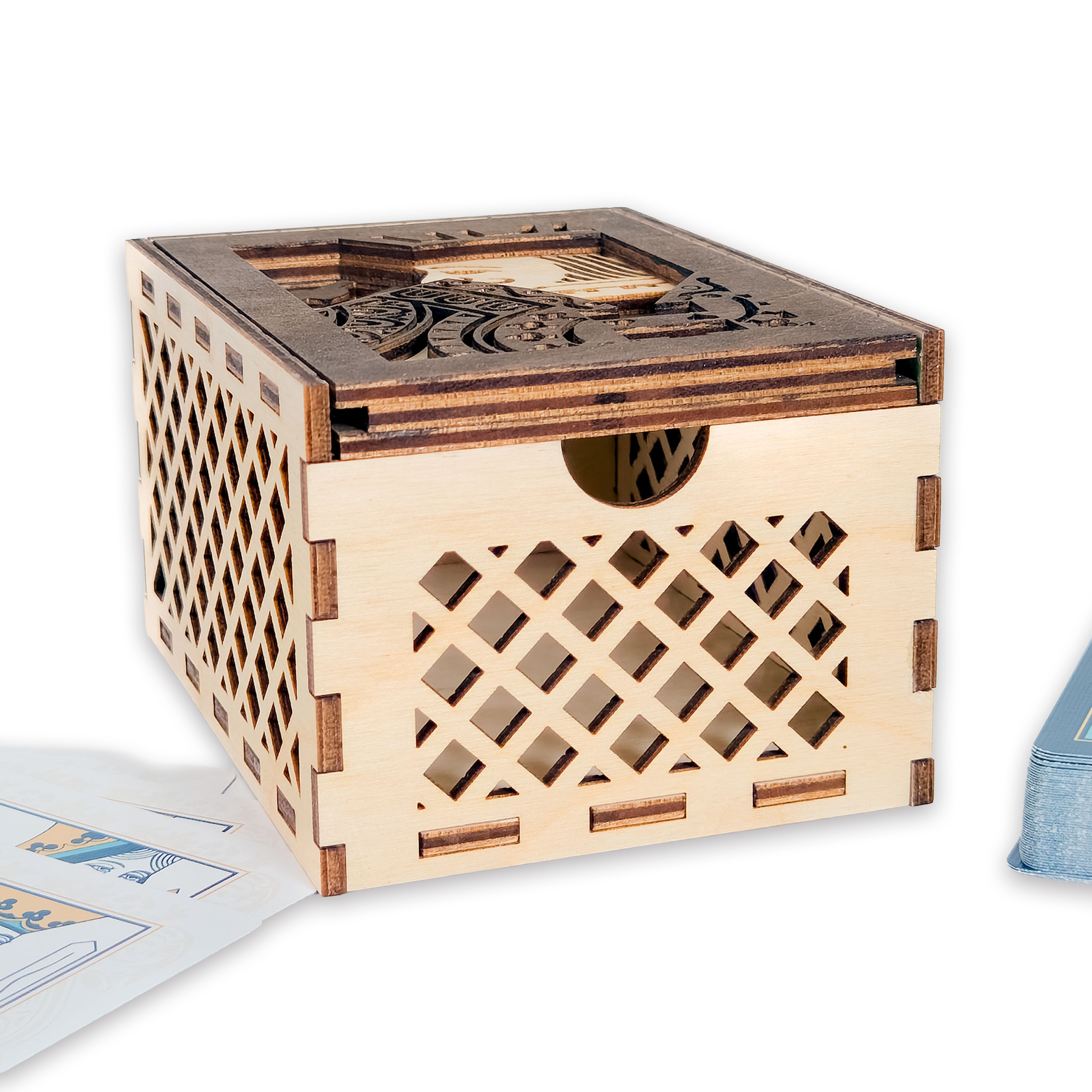 Laser-cut jack of hearts poker card box, walnut & maple birch plywood
