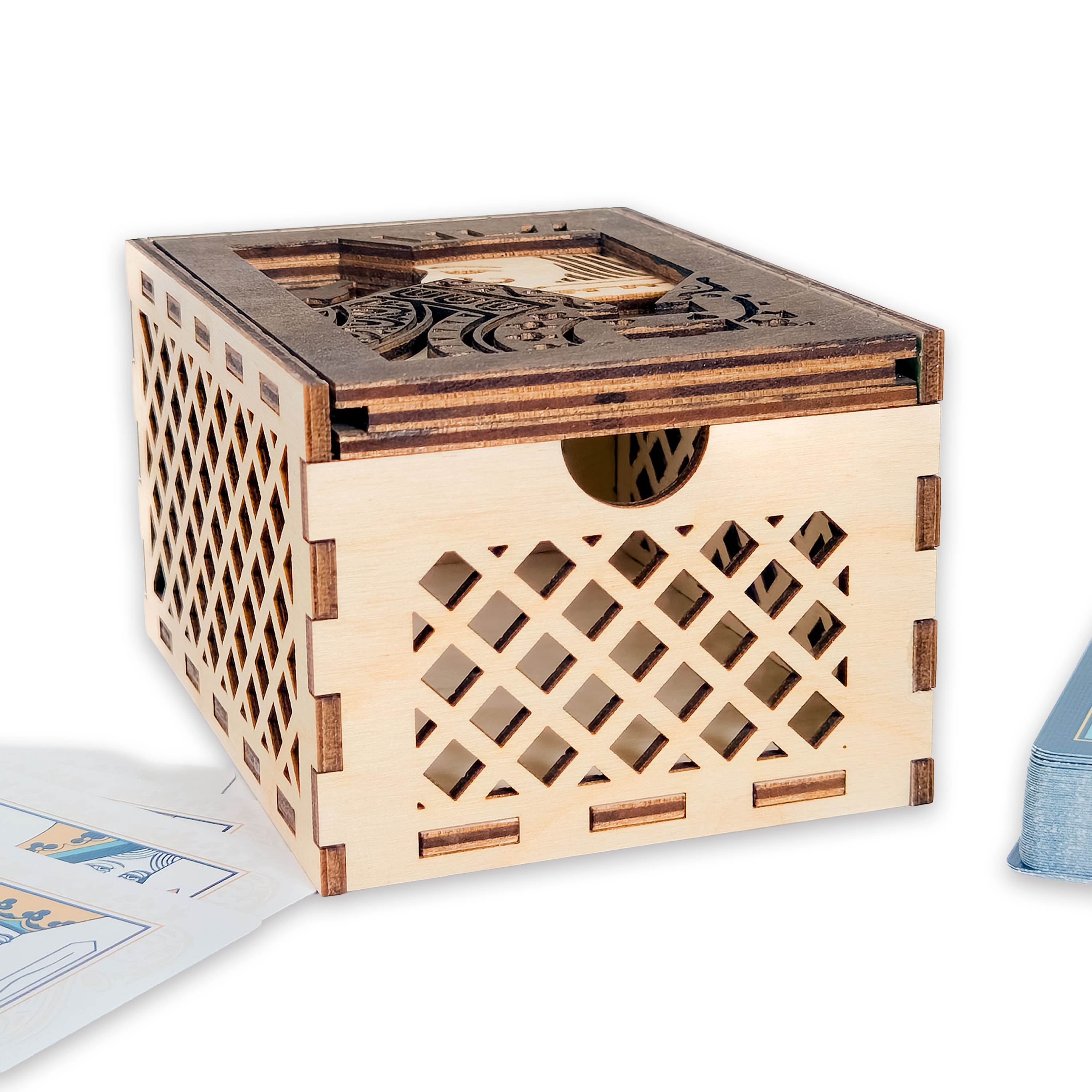 Laser-cut jack of hearts poker card box, walnut & maple birch plywood