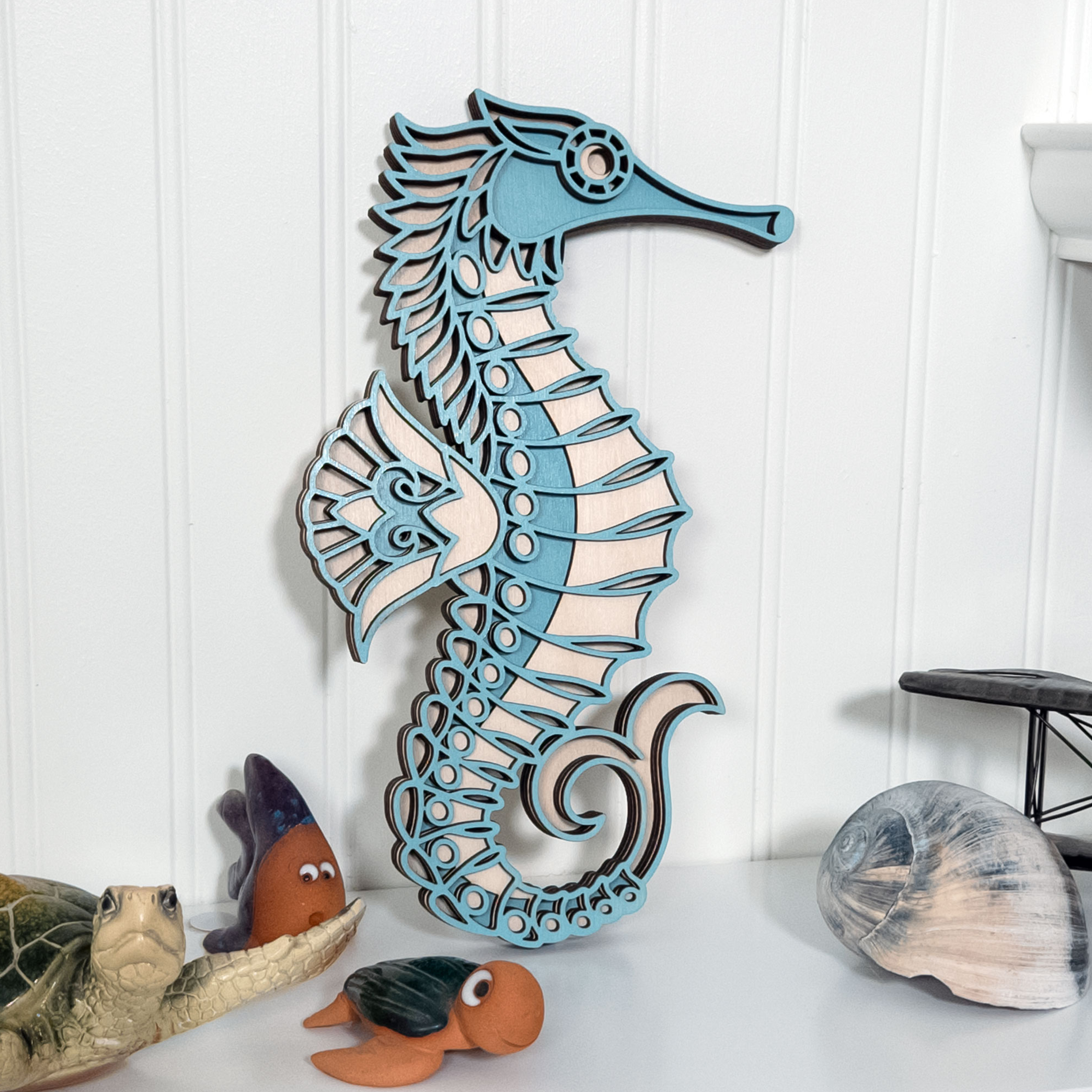 Multilayer 3D laser-cut seahorse wall art, Baltic Birch Plywood